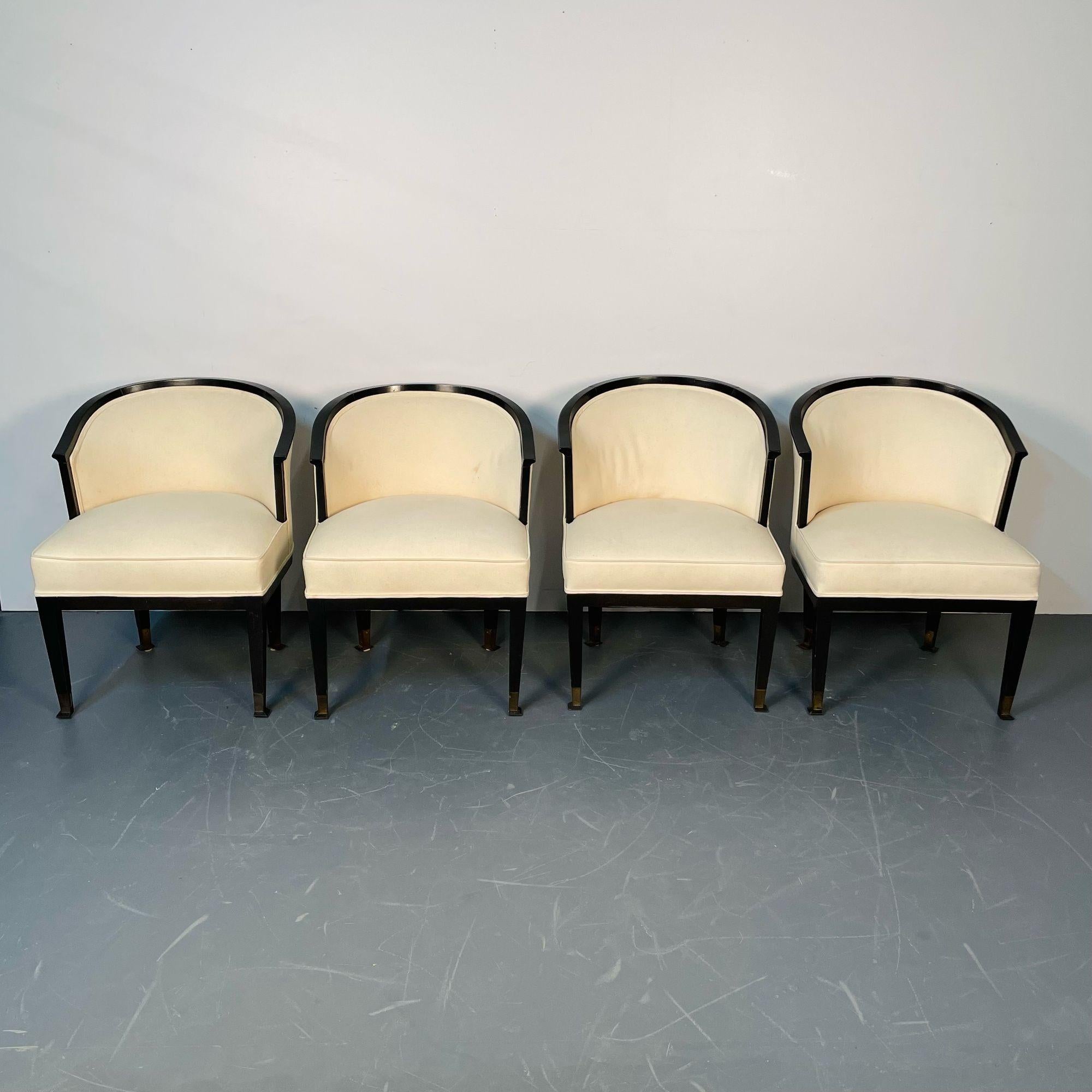 Set of Four French Art Deco Barrel Back Club Chairs / Bergeres, Ruhlman Style In Good Condition For Sale In Stamford, CT