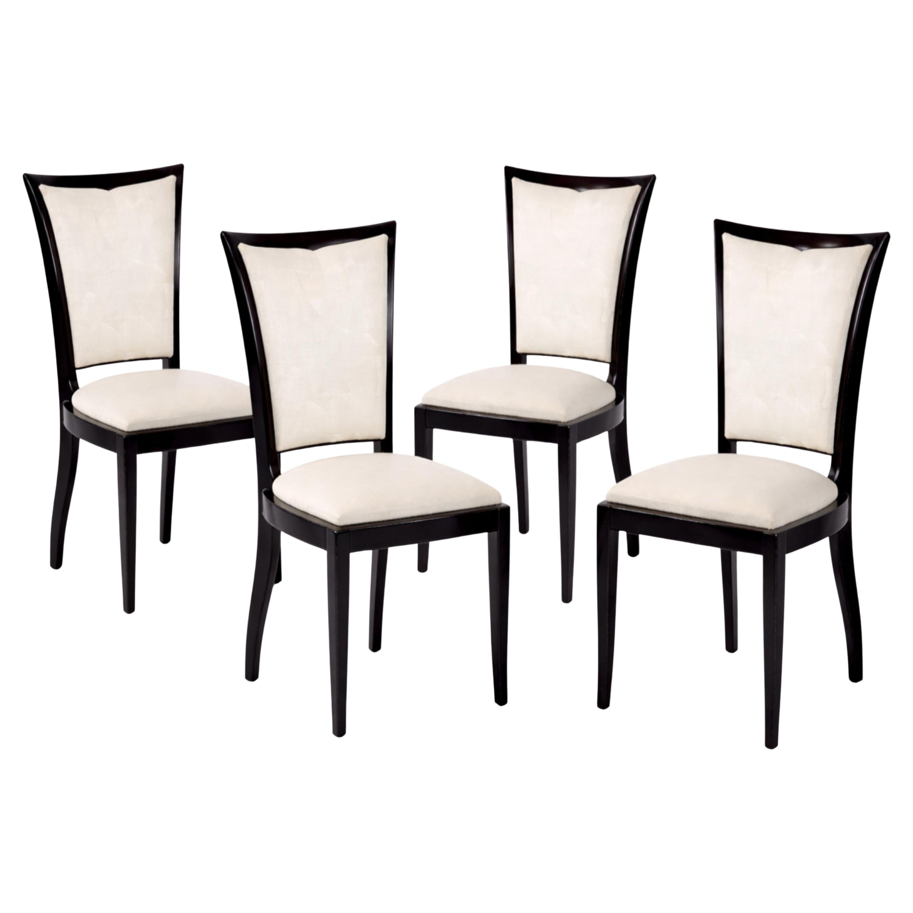 Set of Four French Art Deco Black Lacquer Chairs – Jules Leleu Style For Sale
