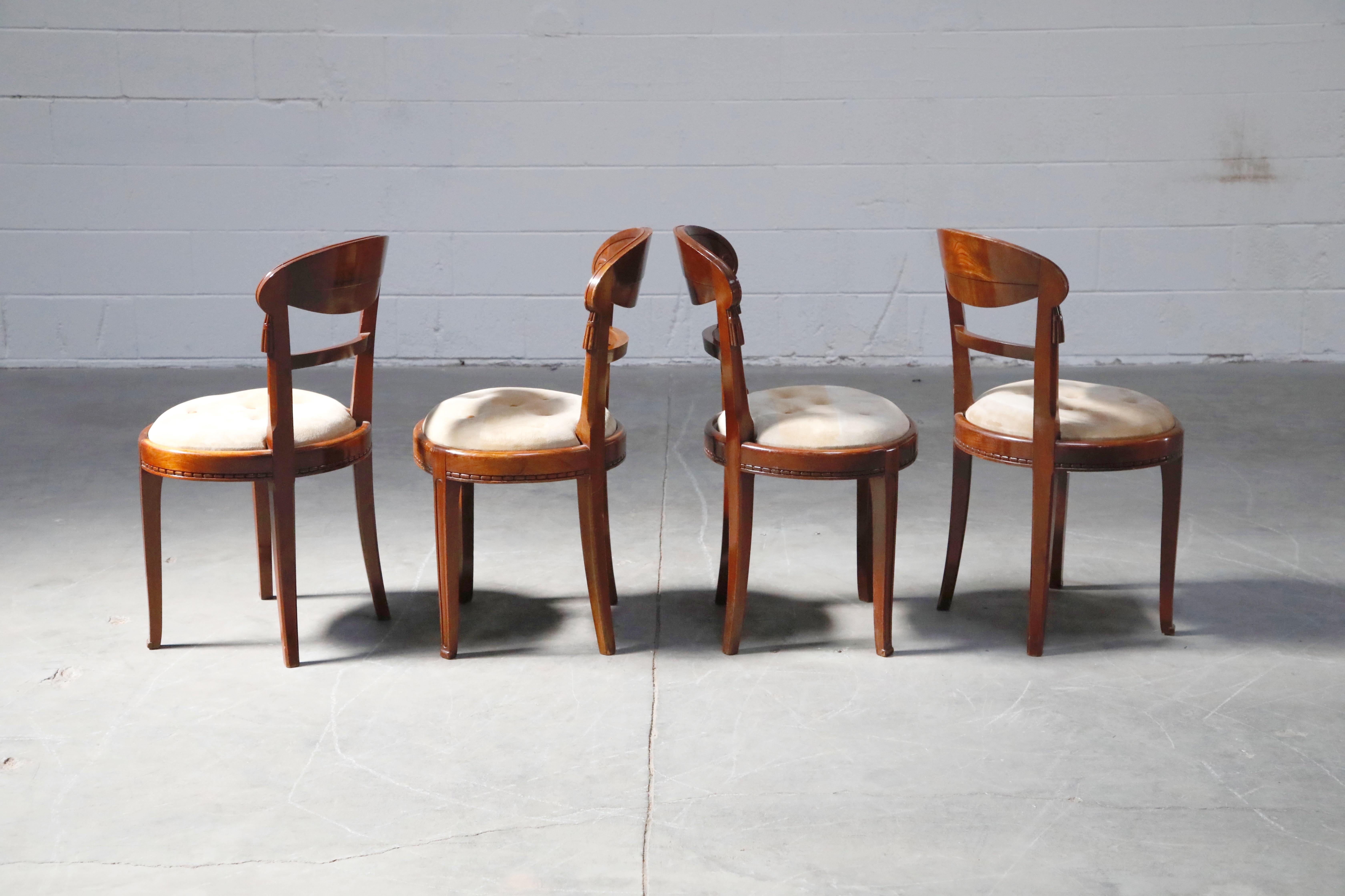 Suede Set of Four French Art Deco Dining Chairs Attributed to Sue et Mare, circa 1920s