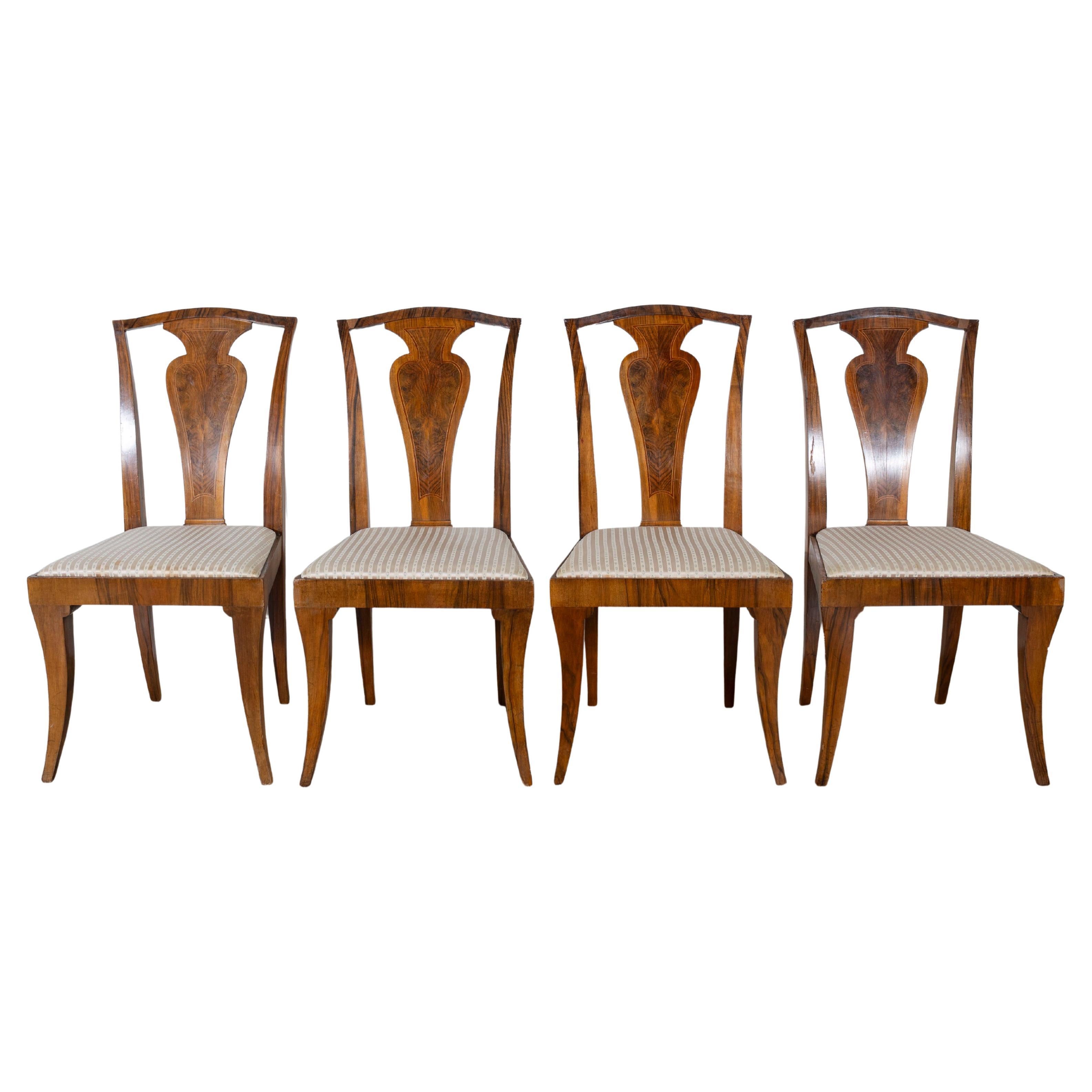 Set of Four French Art Deco Dining Chairs in Walnut and Bois de Rose, circa 1920