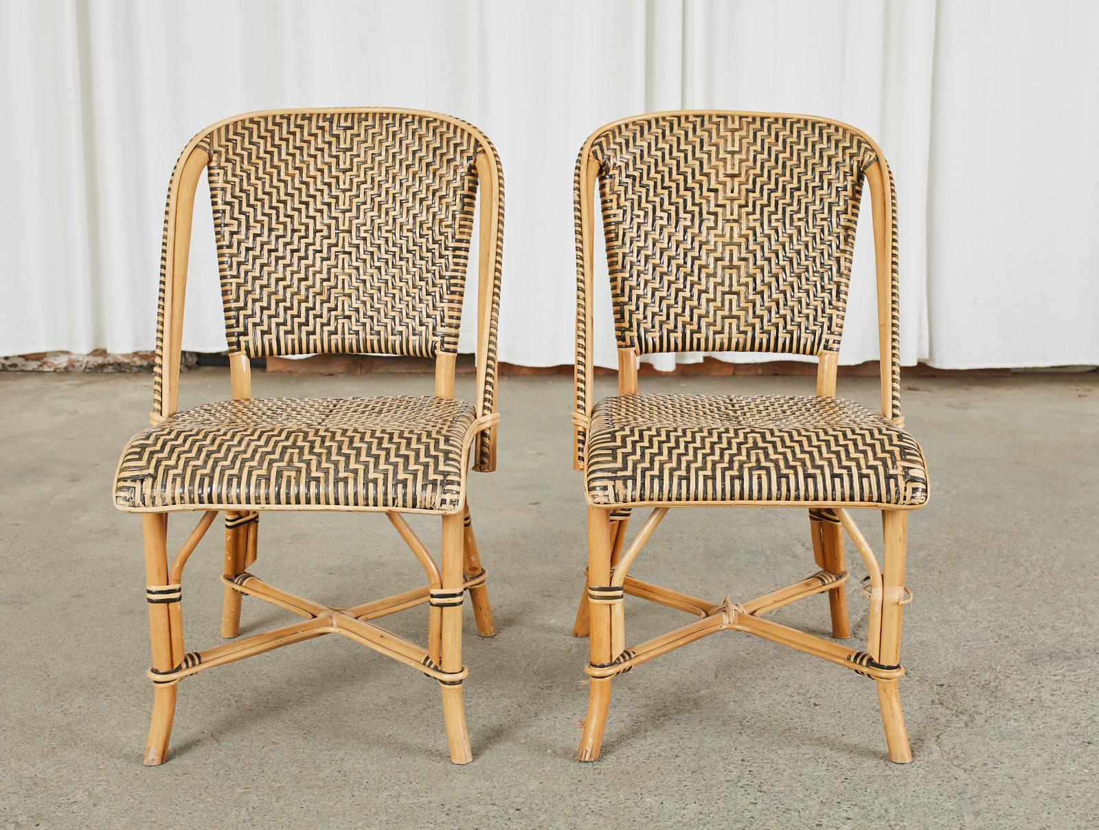 Bamboo Set of Four French Art Deco Rattan Wicker Bistro Chairs