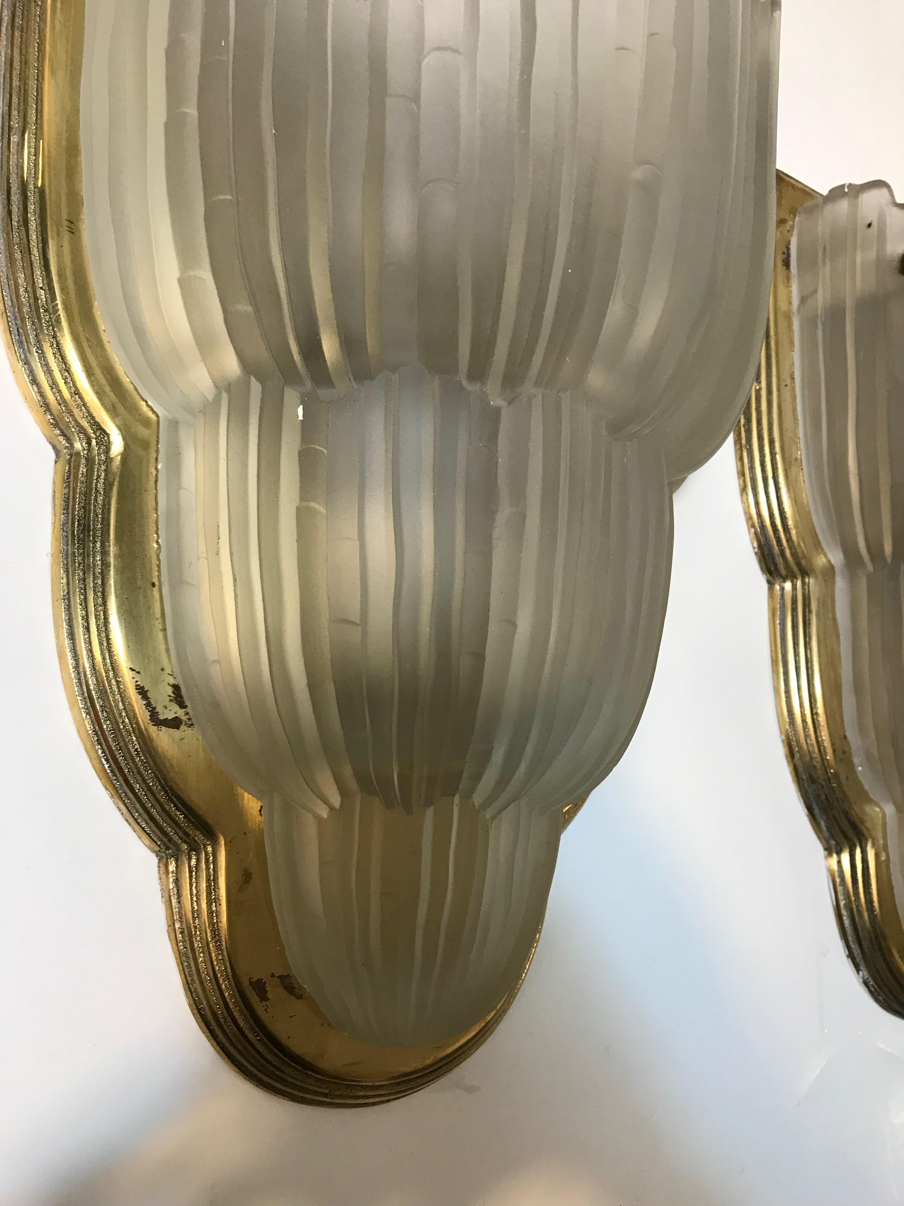Set of Four French Art Deco Sconces Signed by Sabino (Glas)