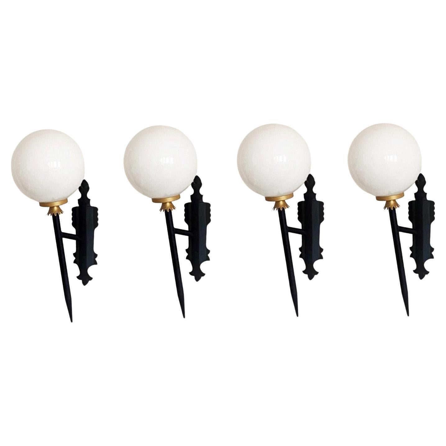Set of Four French Art Deco Wrought Iron Opaline Glass Wall Sconces, 1950s