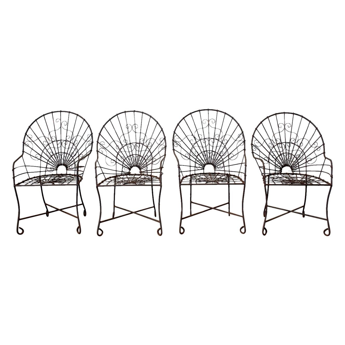 Set of Four French Art Nouveau Iron Garden Chairs