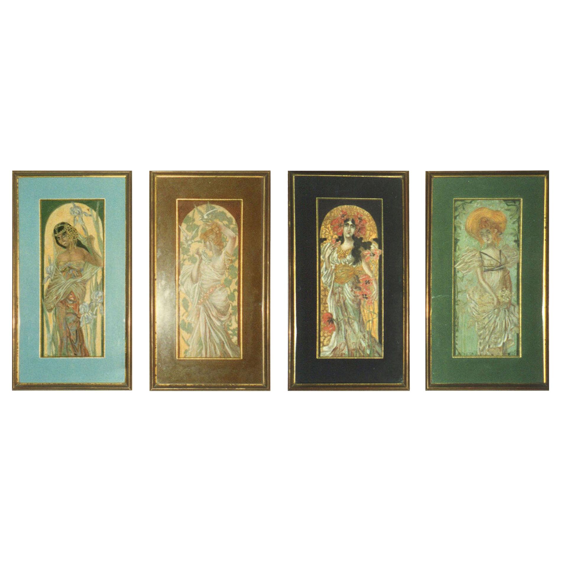 Set of Four French Art Nouveau Pastels, Attributed to Alphonse Mucha