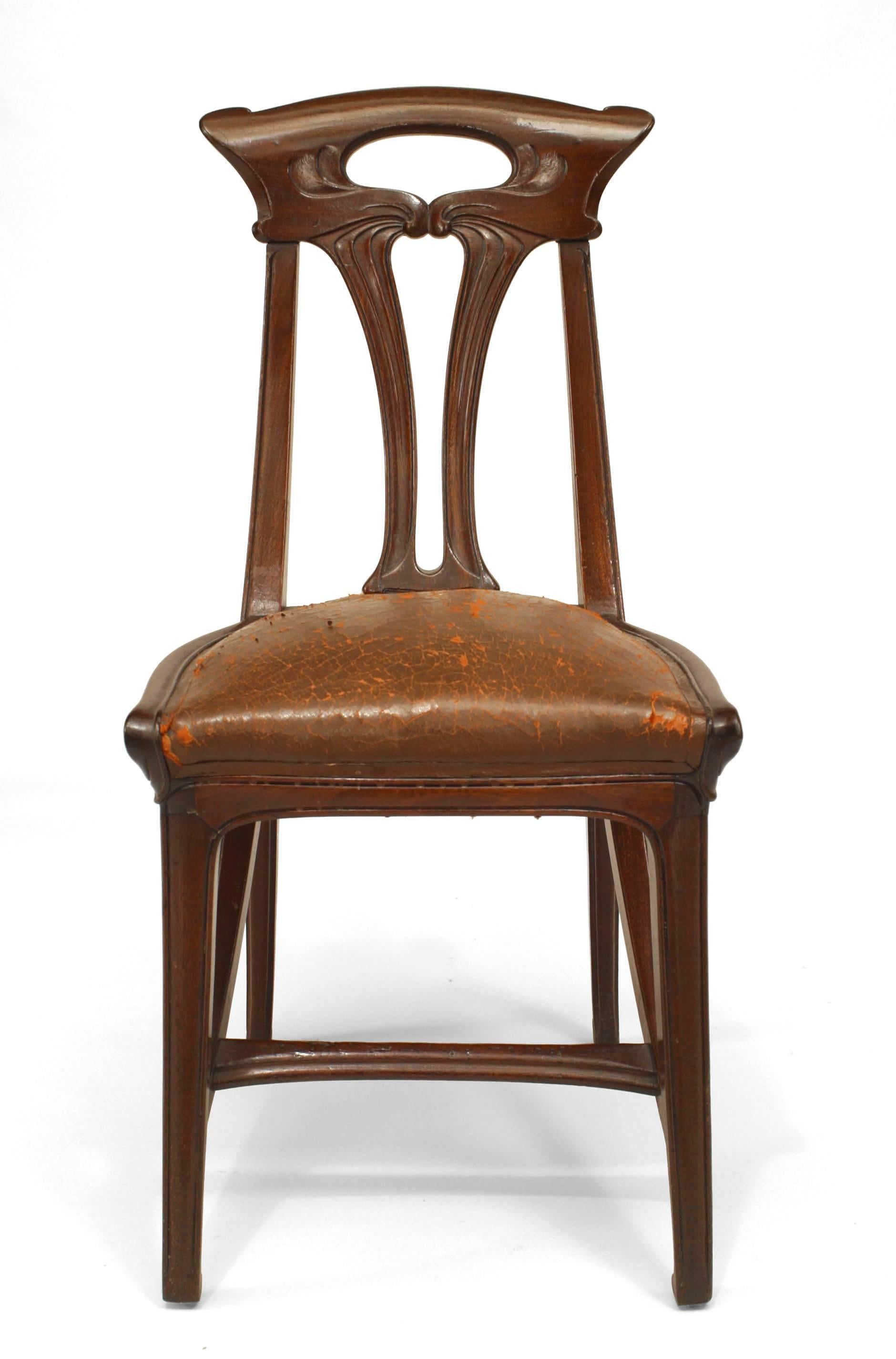 Pair of French Art Nouveau walnut sleigh design open back side chairs with brown leather seat (GAILLARD) (pg. 386, Collectors Encyclopedia of Antiques) (matching table-Inv. #040557E)
