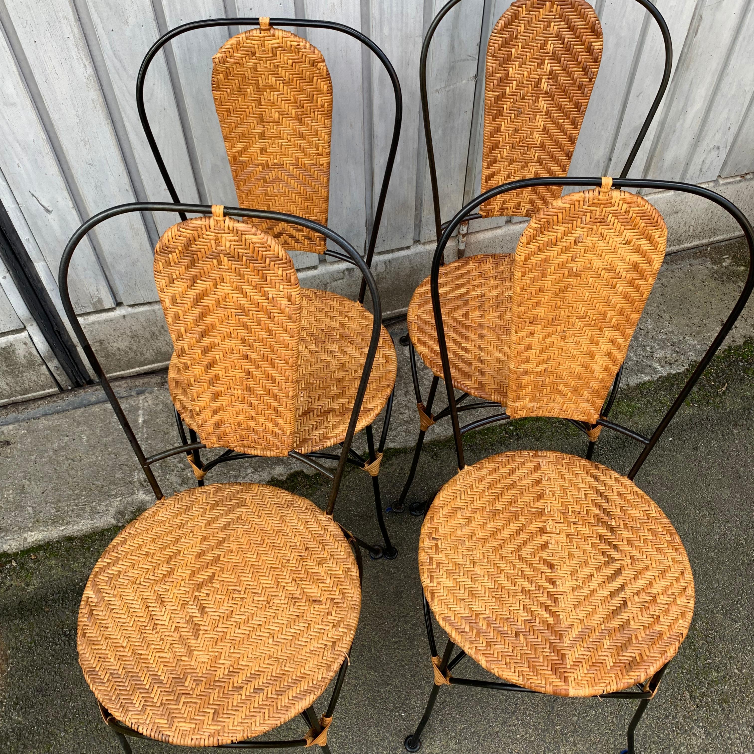 Set of Four French Black Painted Metal and Wicker Patio Cafe Chairs For Sale 2