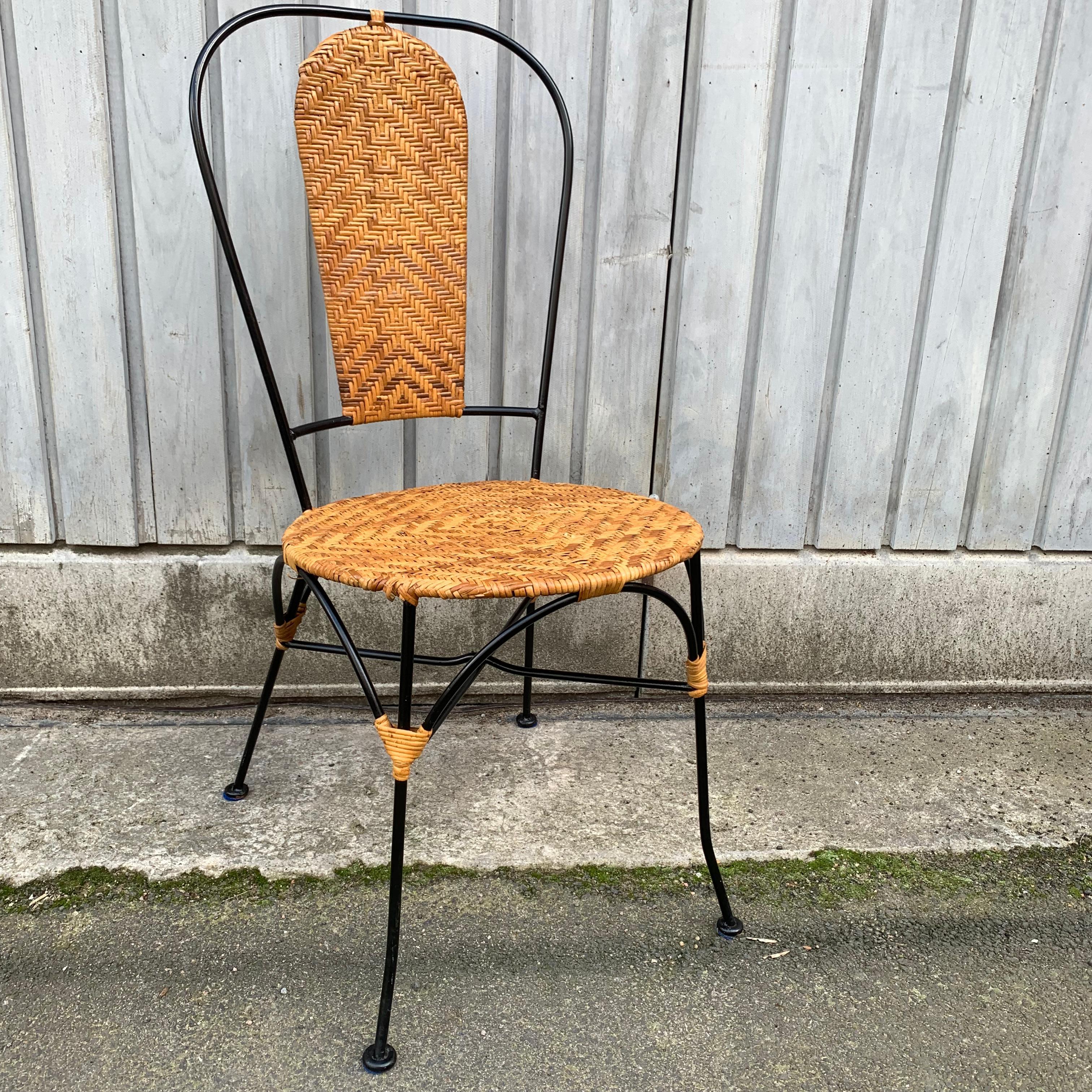 Set of Four French Black Painted Metal and Wicker Patio Cafe Chairs For Sale 3