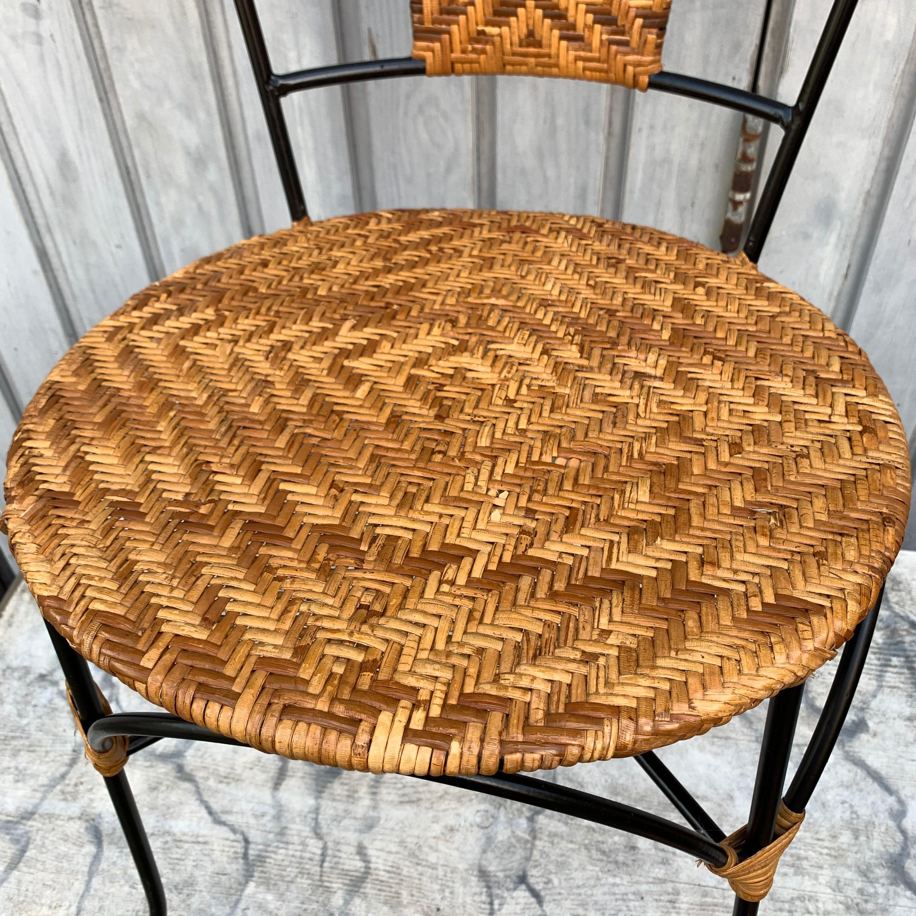 Set of Four French Black Painted Metal and Wicker Patio Cafe Chairs For Sale 4