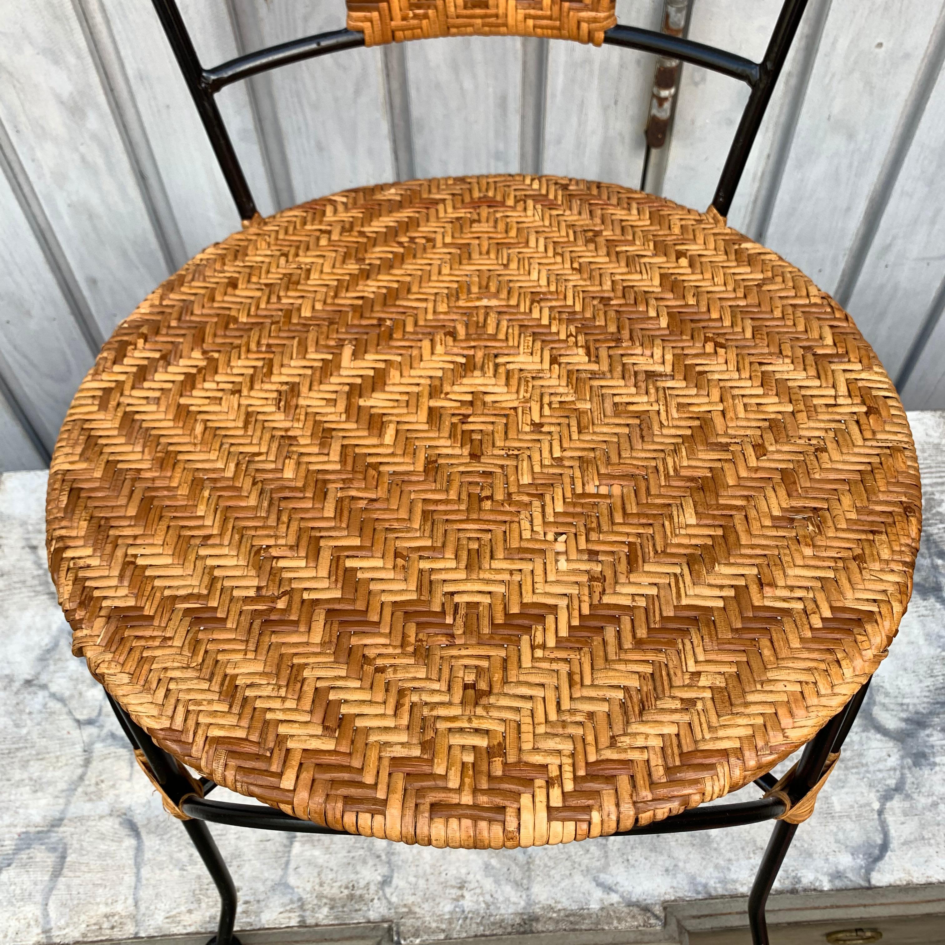 Set of Four French Black Painted Metal and Wicker Patio Cafe Chairs For Sale 5