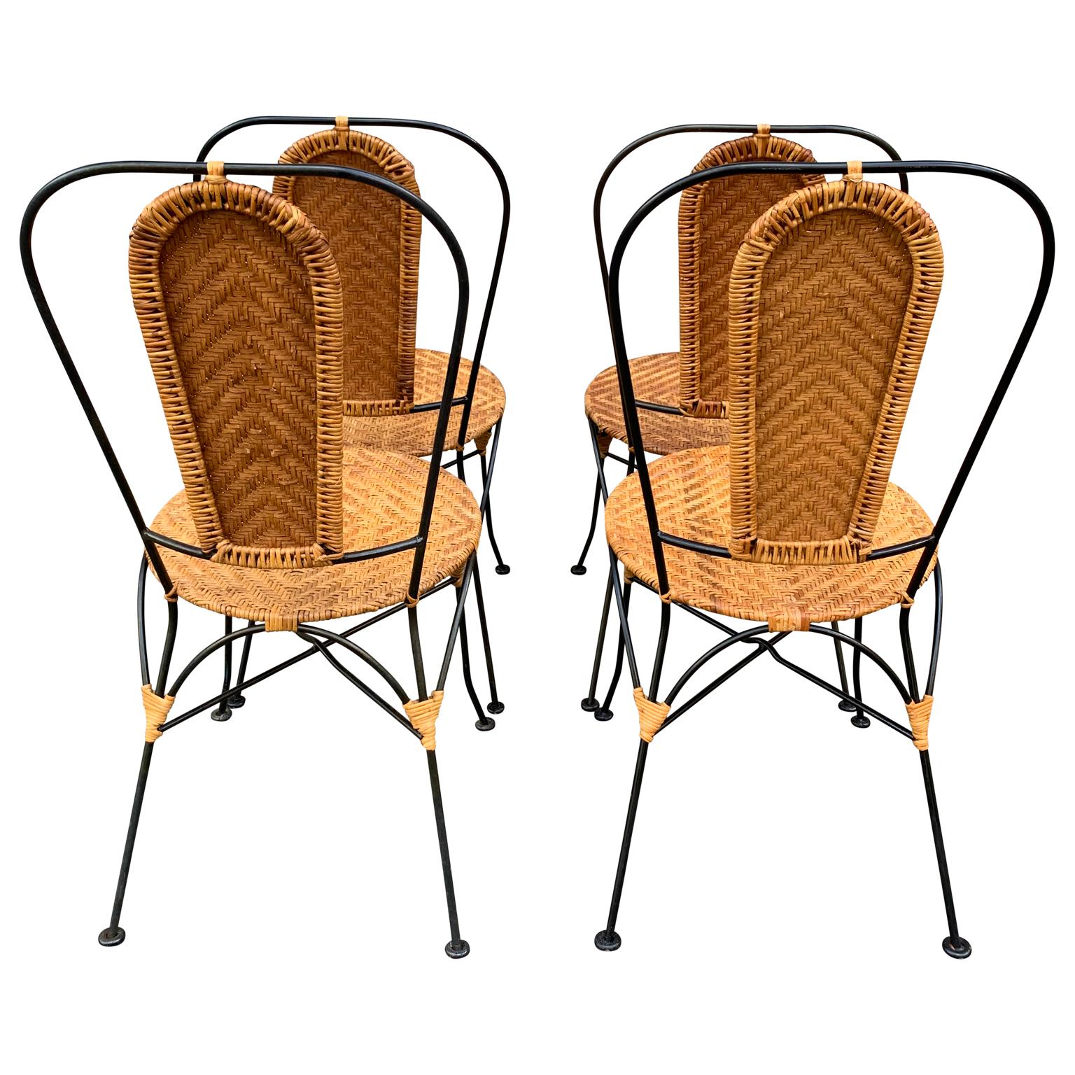 Mid-Century Modern Set of Four French Black Painted Metal and Wicker Patio Cafe Chairs For Sale