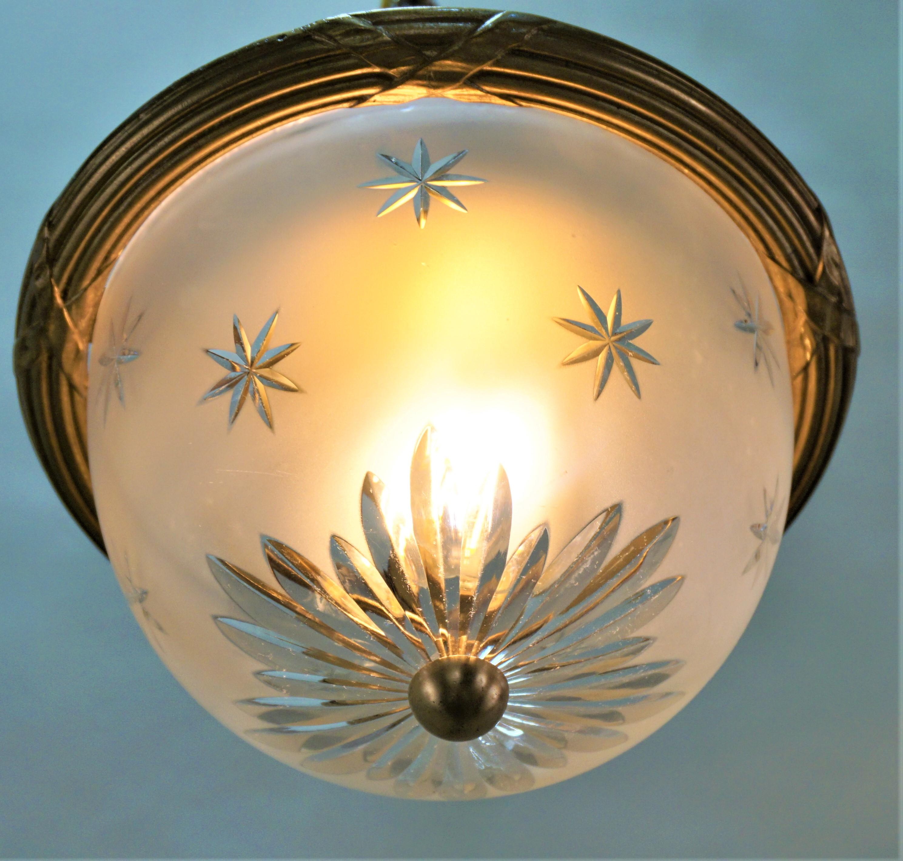 Early 20th Century Set of Four French Bronze and Cut Glass Flush Mount Light Fixtures