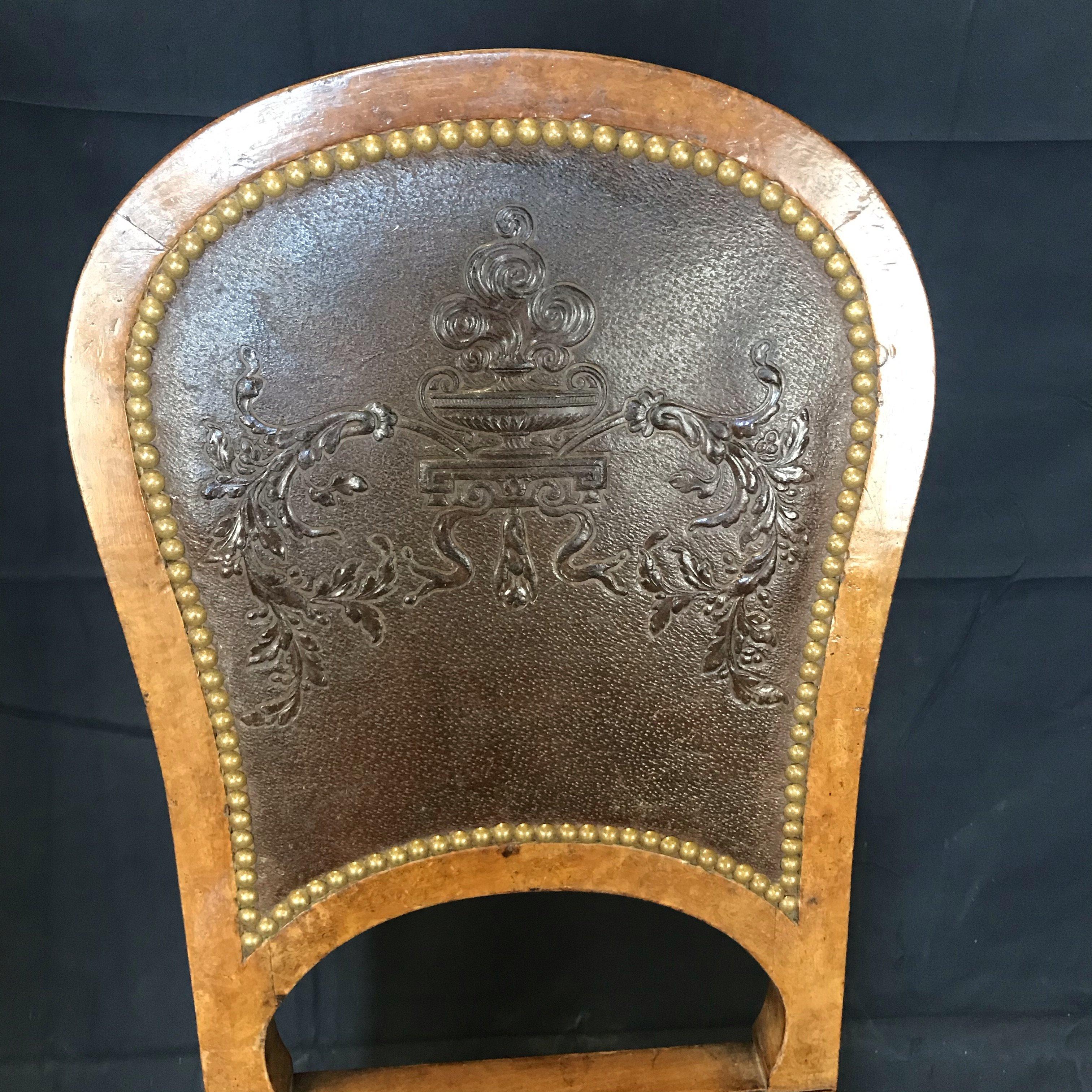 Embossed Set of Four French Burled Walnut Pressed Back Leather Chairs