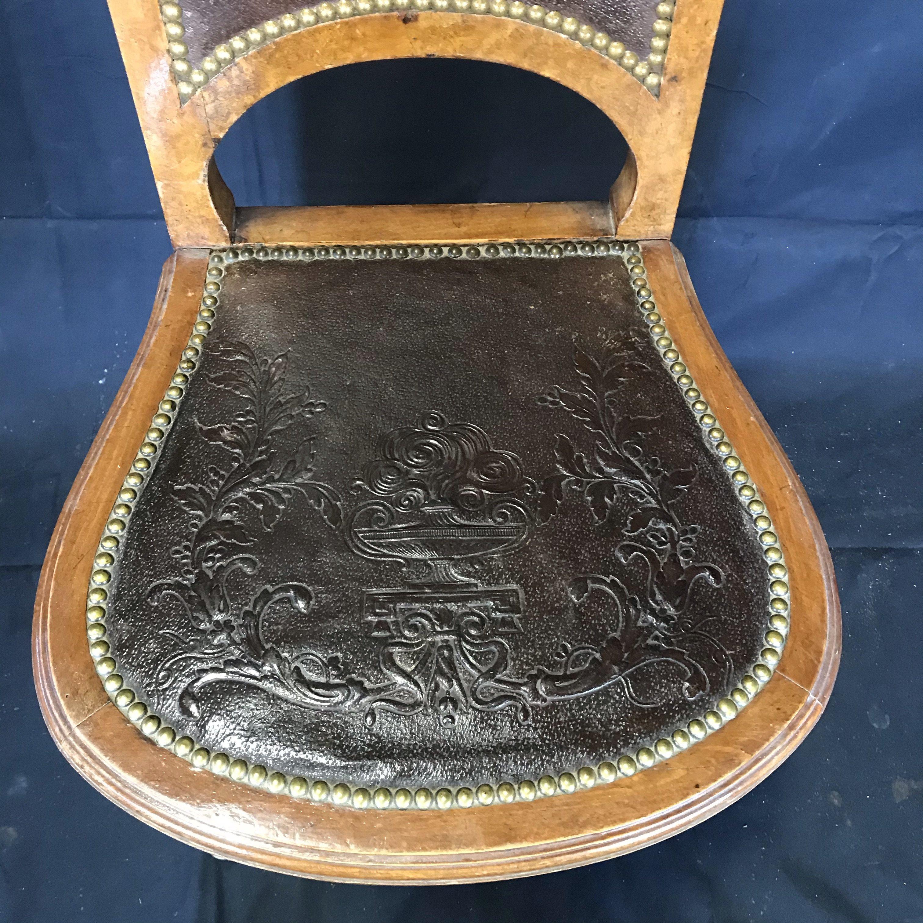 19th Century Set of Four French Burled Walnut Pressed Back Leather Chairs