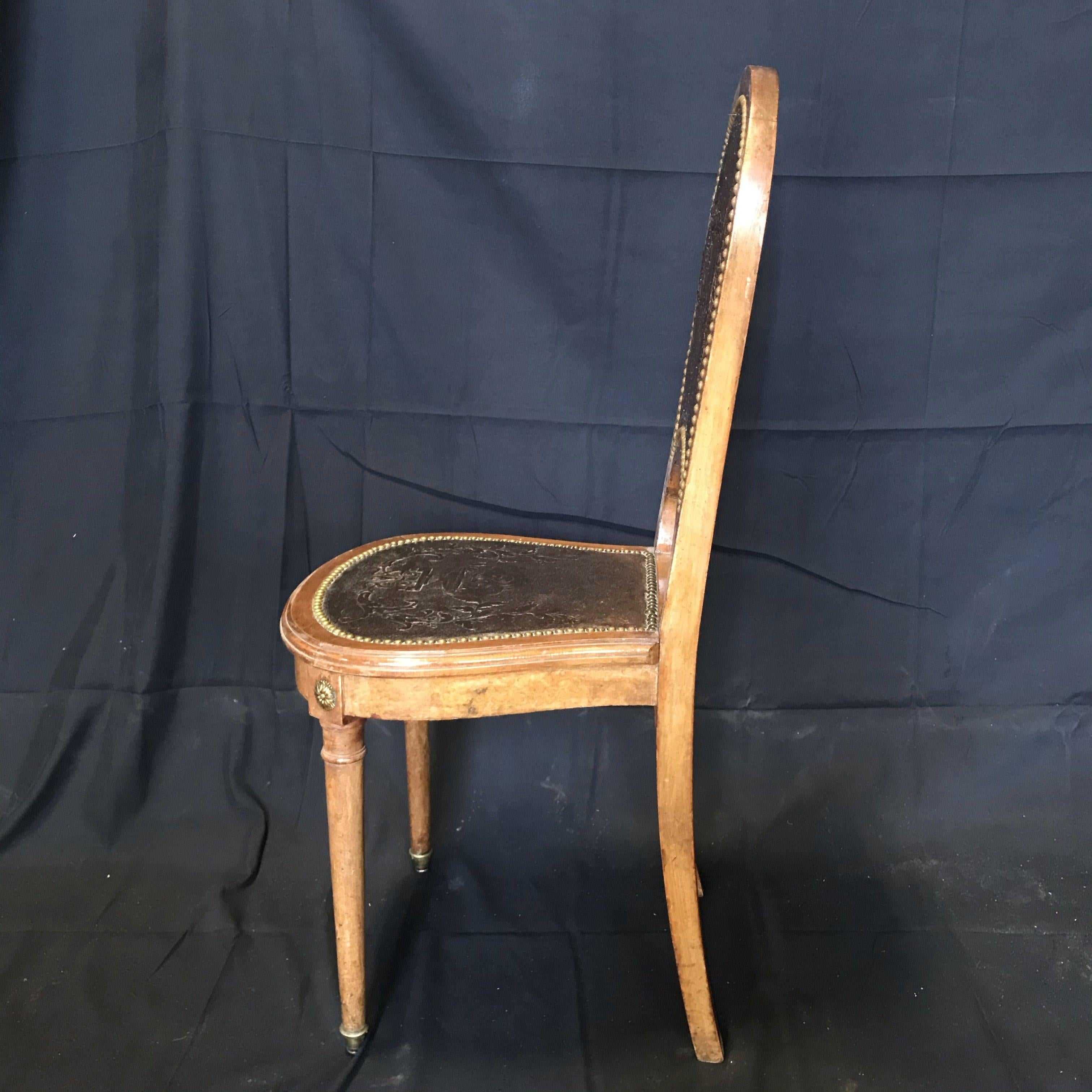 Set of Four French Burled Walnut Pressed Back Leather Chairs 2