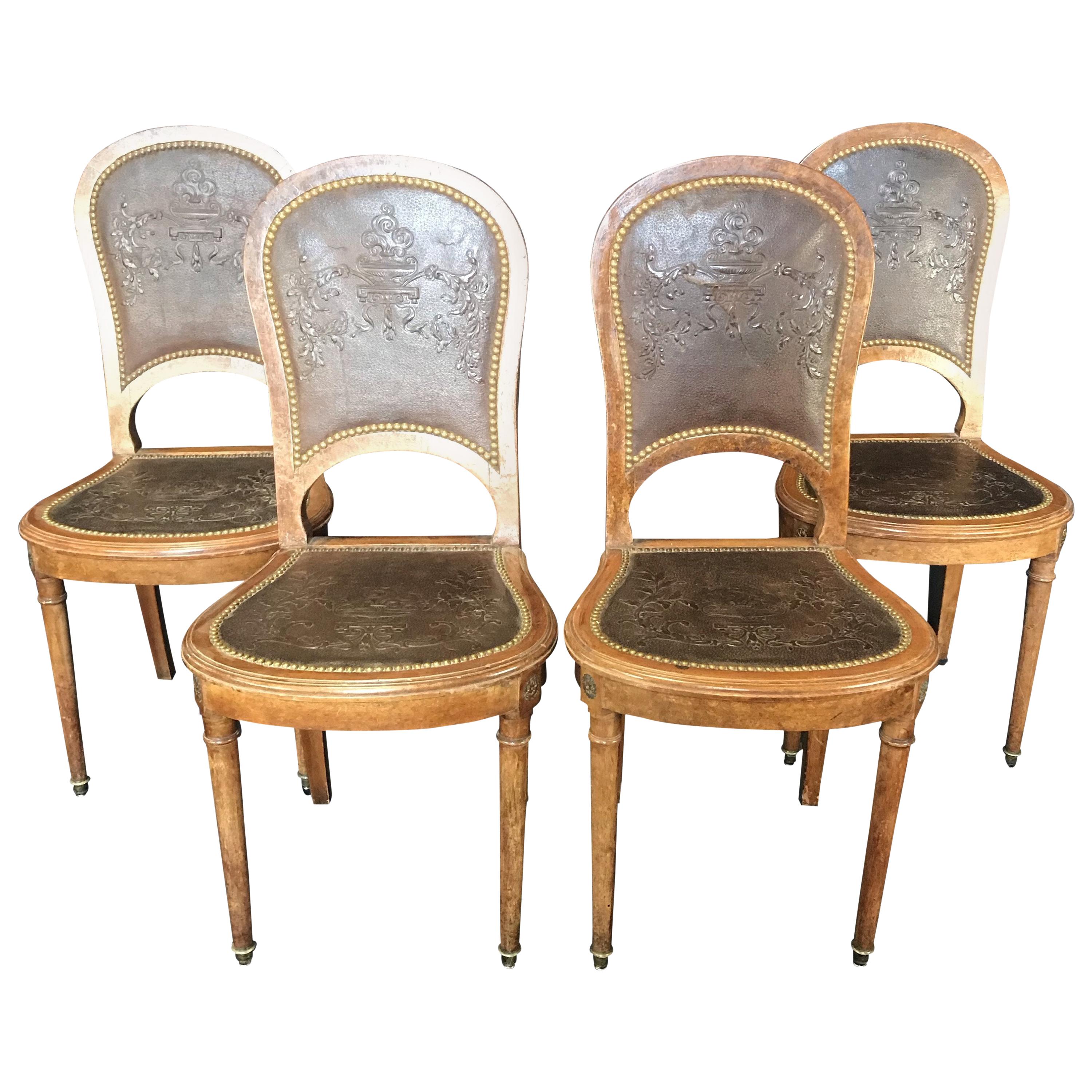 Set of Four French Burled Walnut Pressed Back Leather Chairs