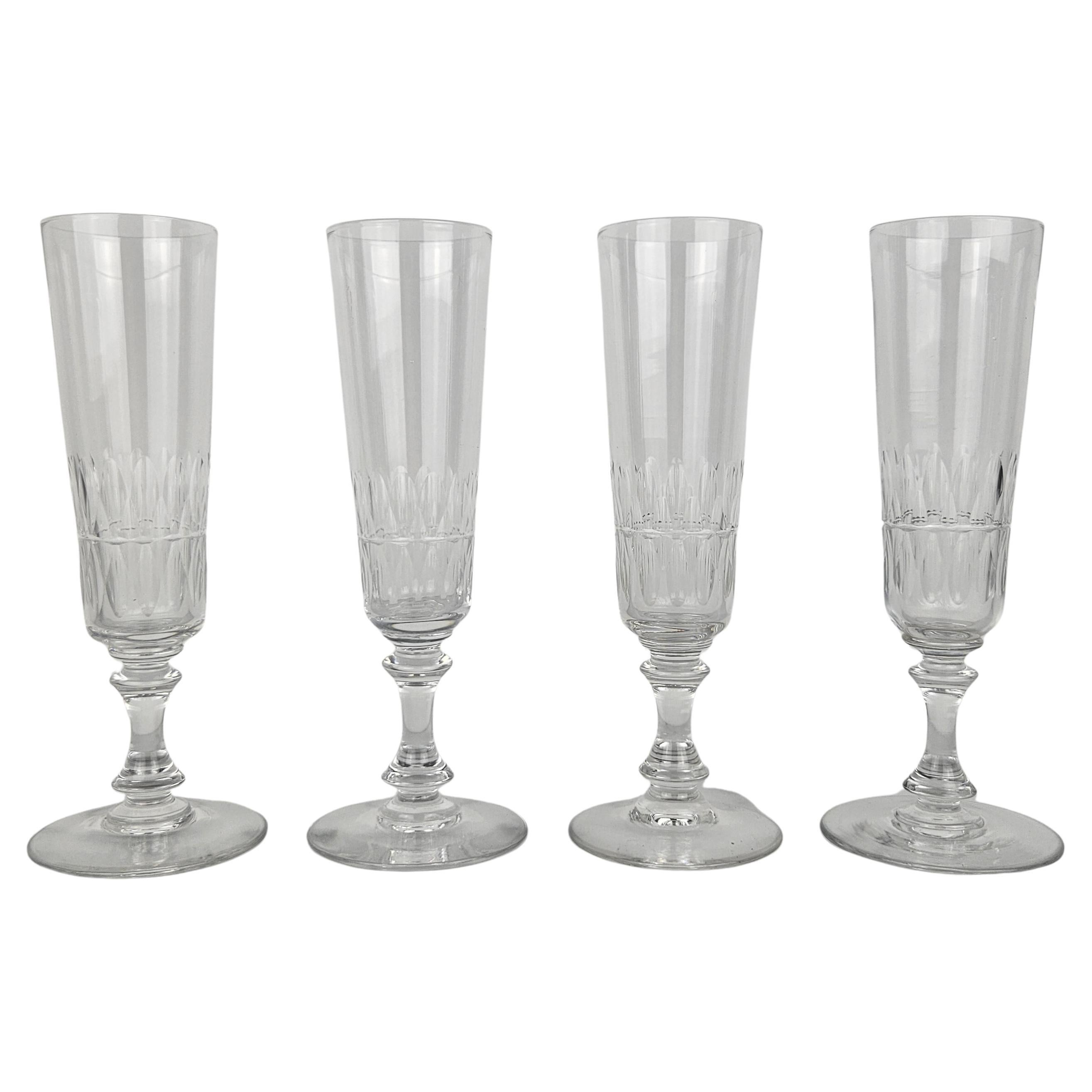 Set of Four French Champagne Flutes in Crystal Glass, Ca. 1890