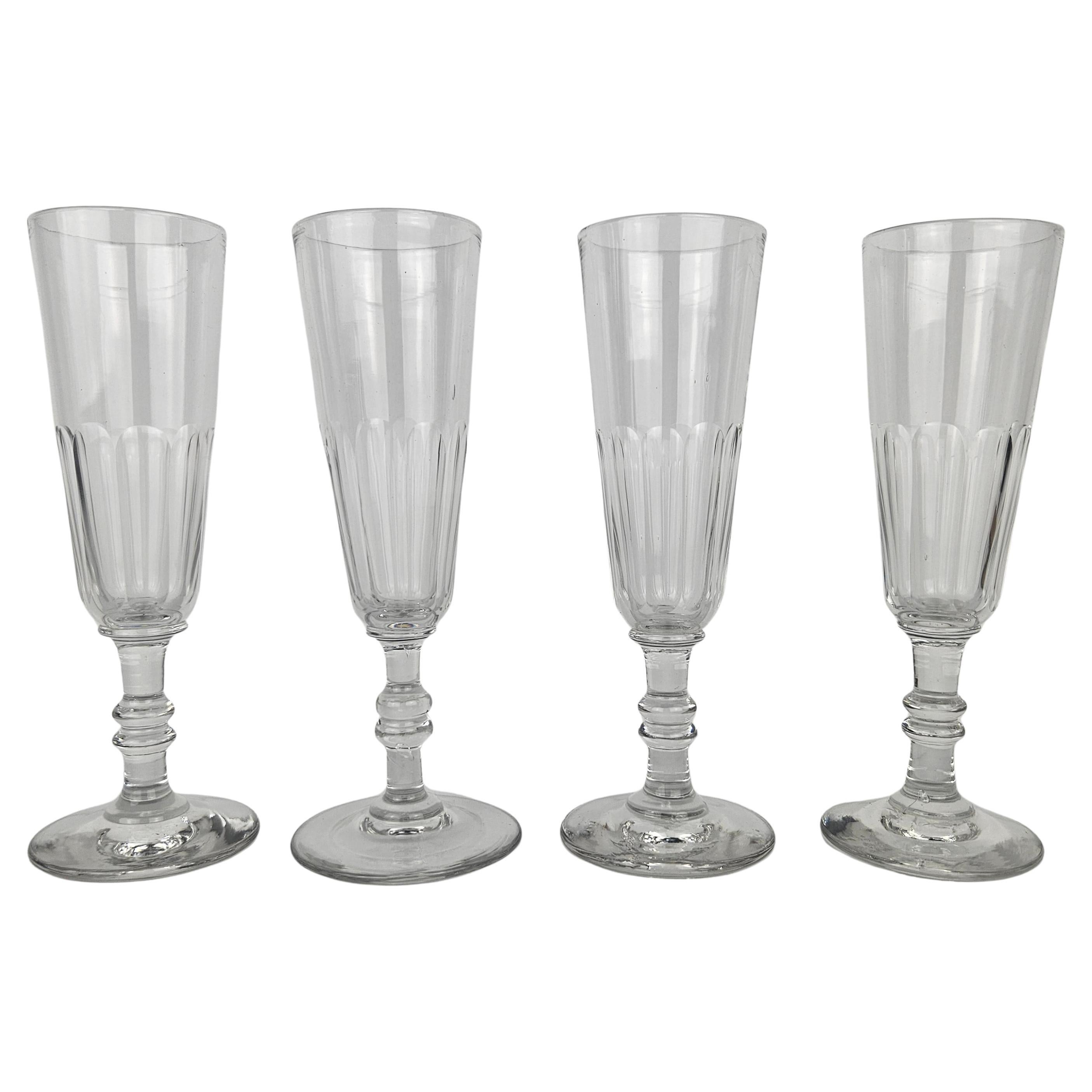 Set of Four French Champagne Flutes in Glass, Ca. 1870