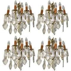 Set of Four French Crystal and Brass Wall Lights Candelabra