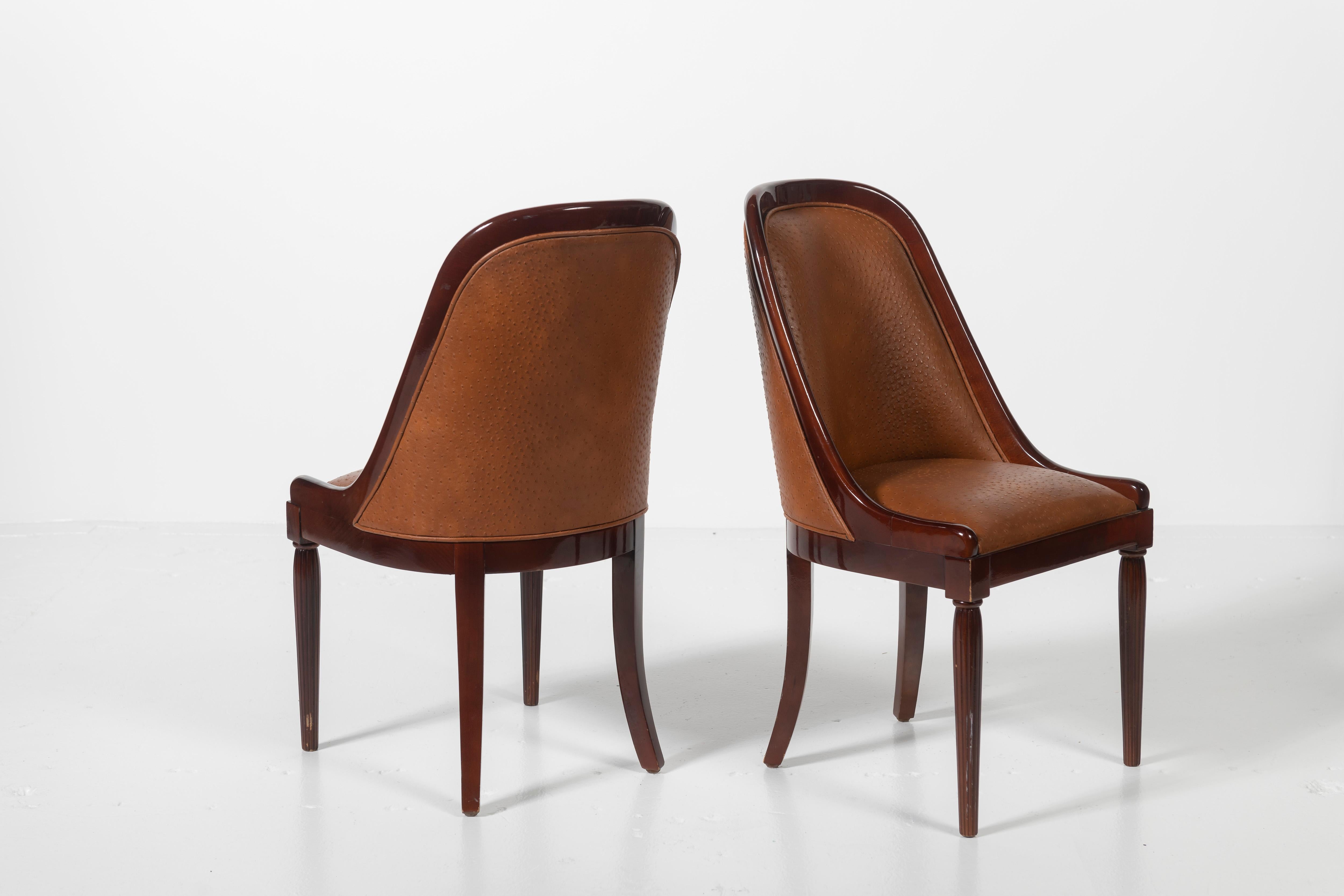 Set of Four French Deco Dining Chairs in Mahogany Upholstered in Ostrich Leather 4