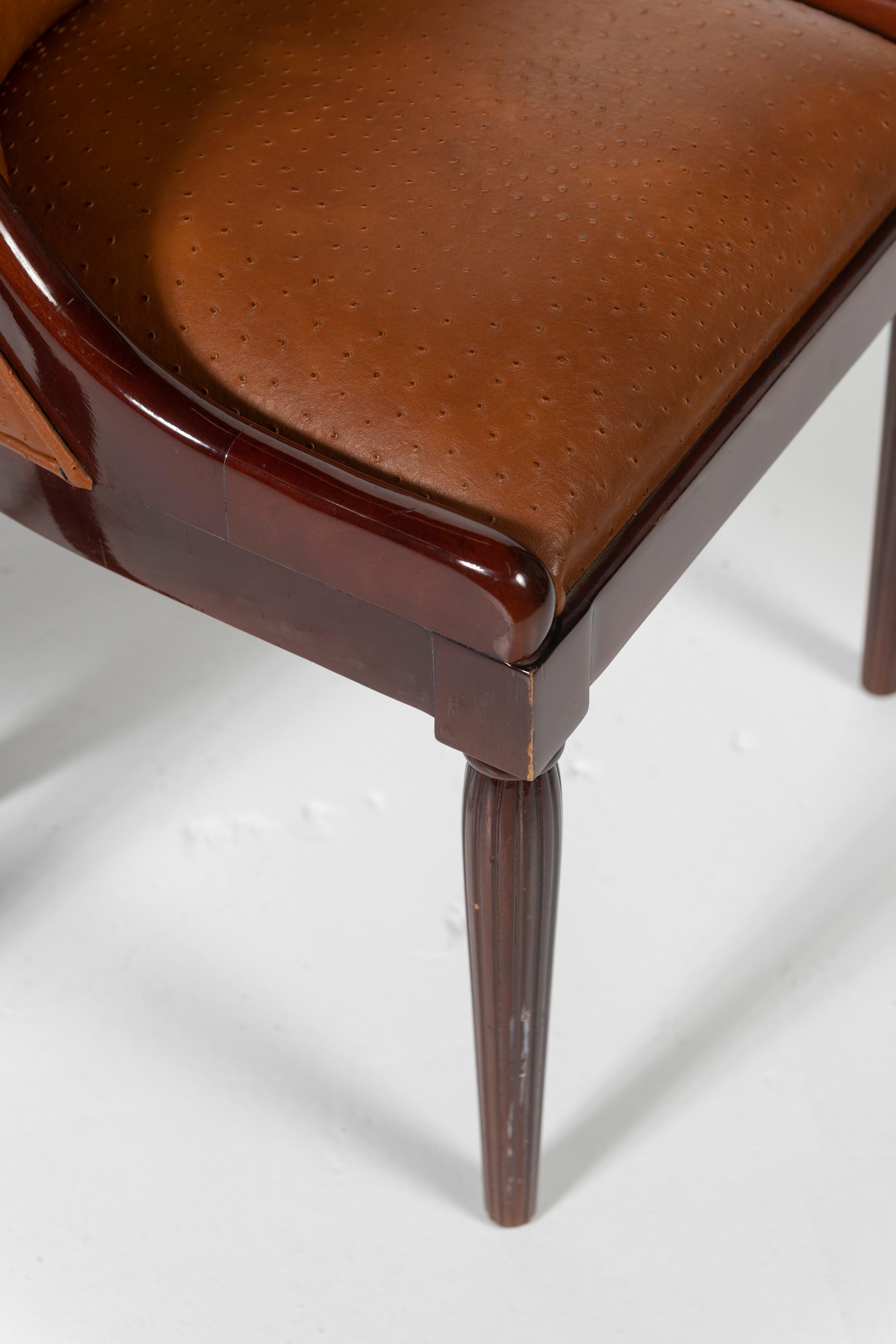 Set of Four French Deco Dining Chairs in Mahogany Upholstered in Ostrich Leather 6