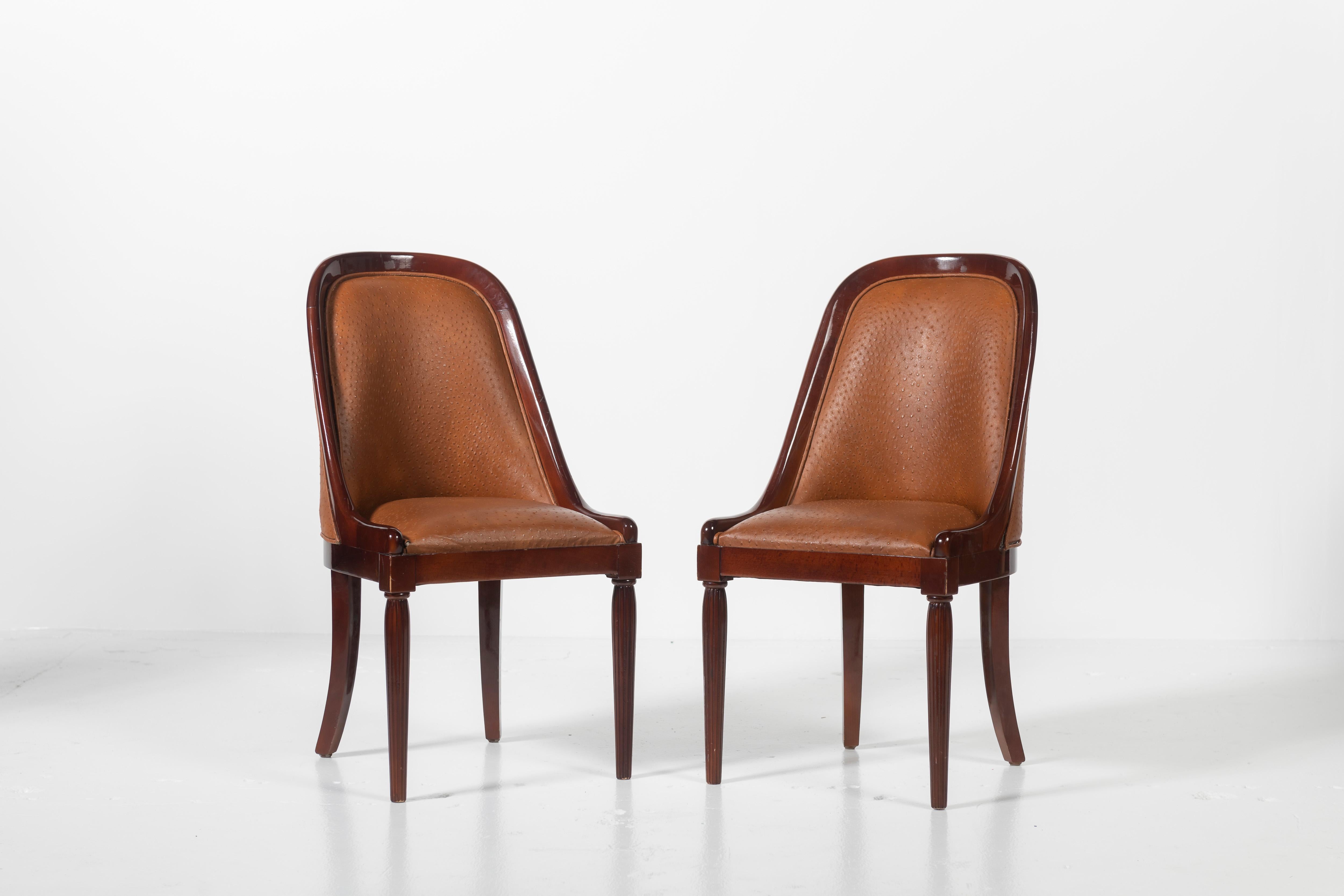 Art Deco Set of Four French Deco Dining Chairs in Mahogany Upholstered in Ostrich Leather