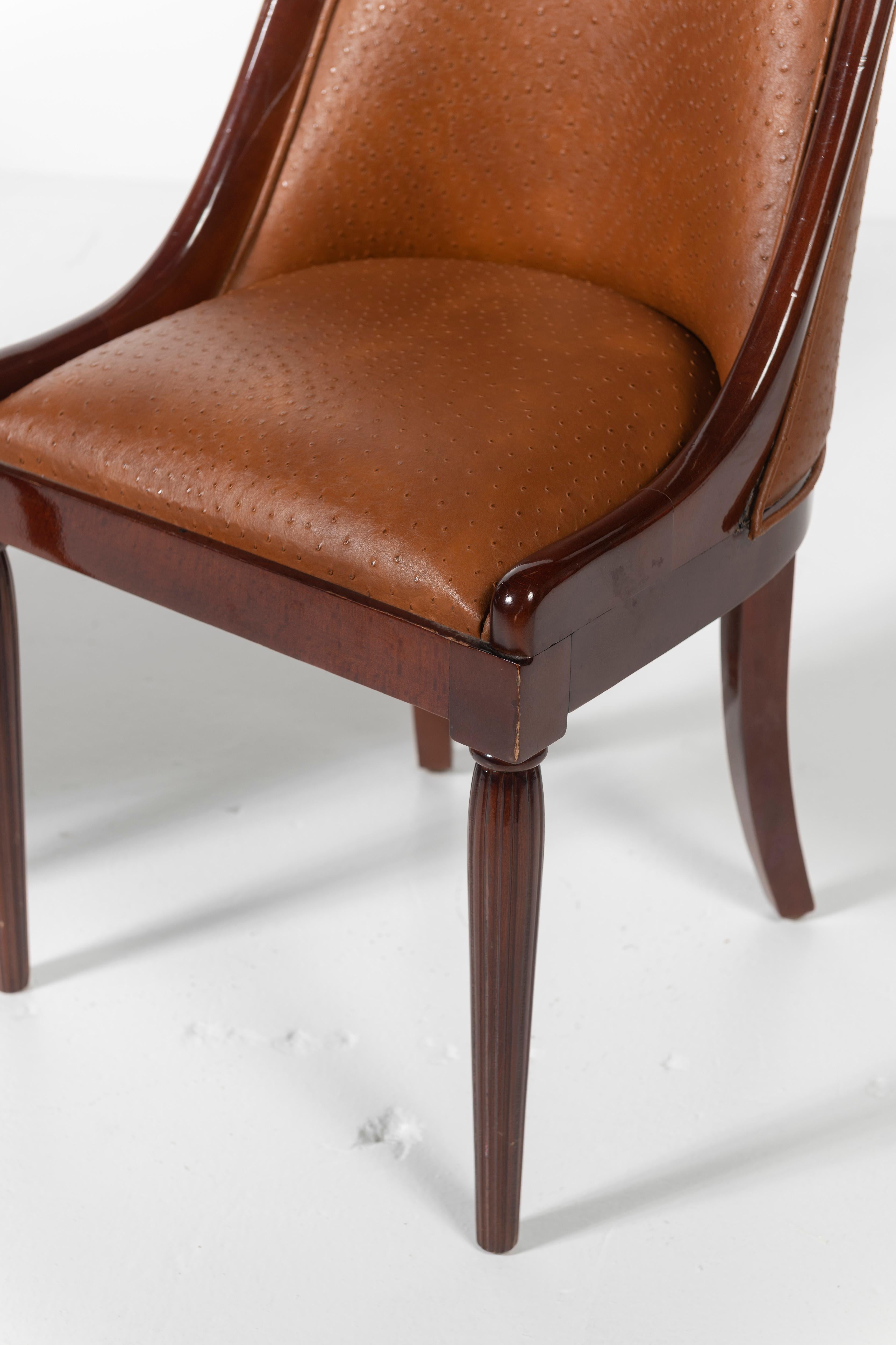 Early 20th Century Set of Four French Deco Dining Chairs in Mahogany Upholstered in Ostrich Leather