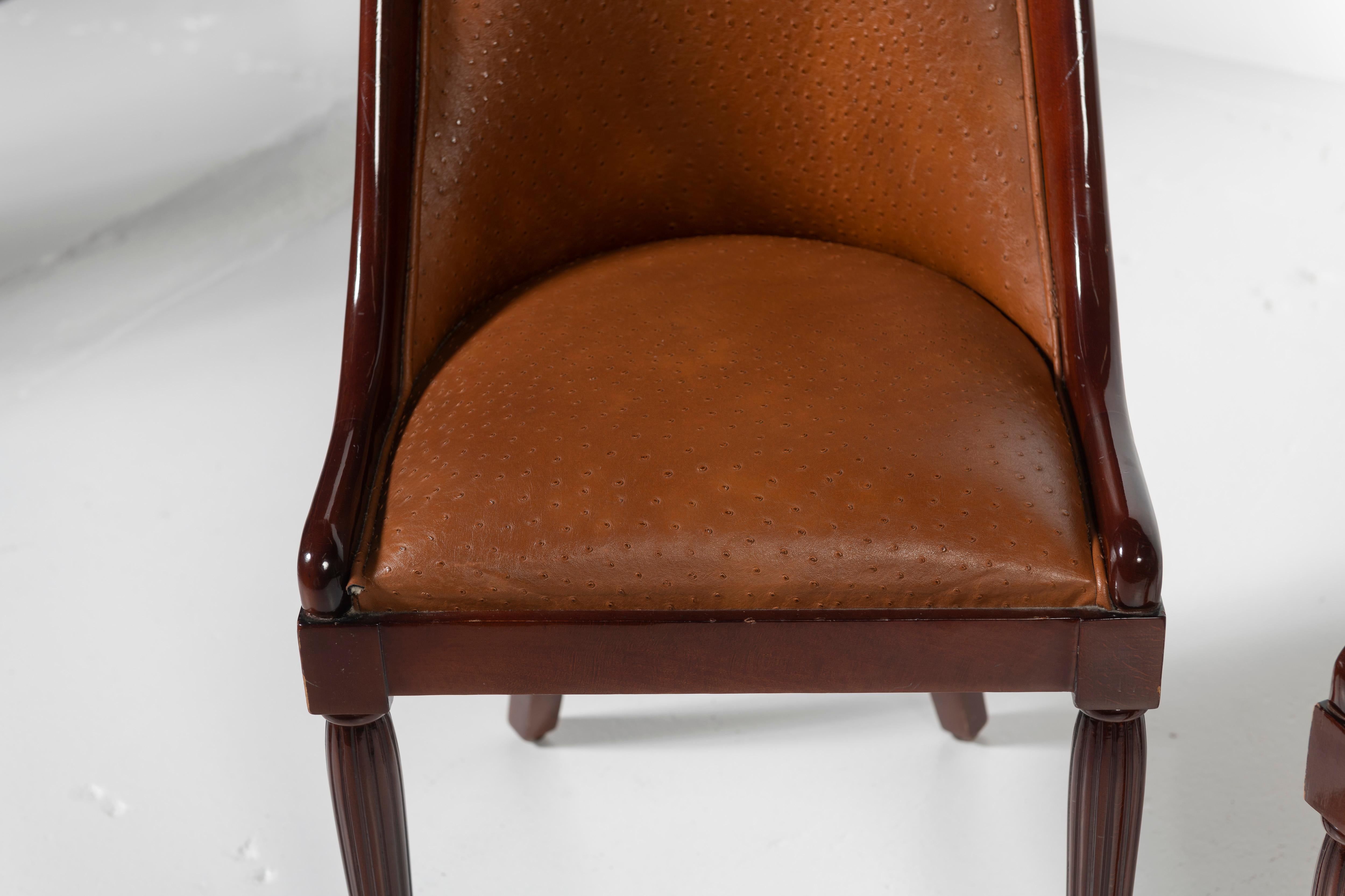 Set of Four French Deco Dining Chairs in Mahogany Upholstered in Ostrich Leather 1