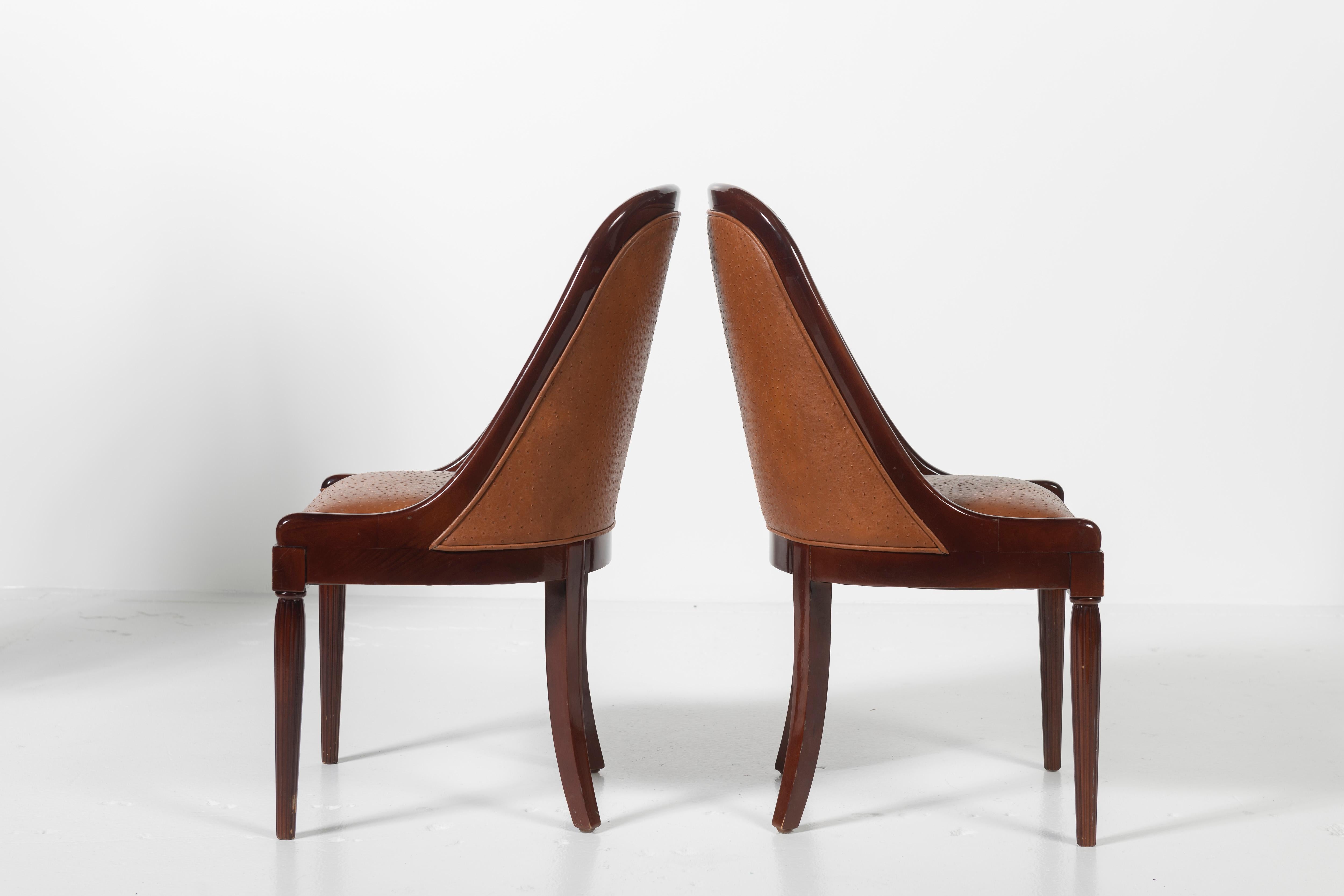 Set of Four French Deco Dining Chairs in Mahogany Upholstered in Ostrich Leather 2