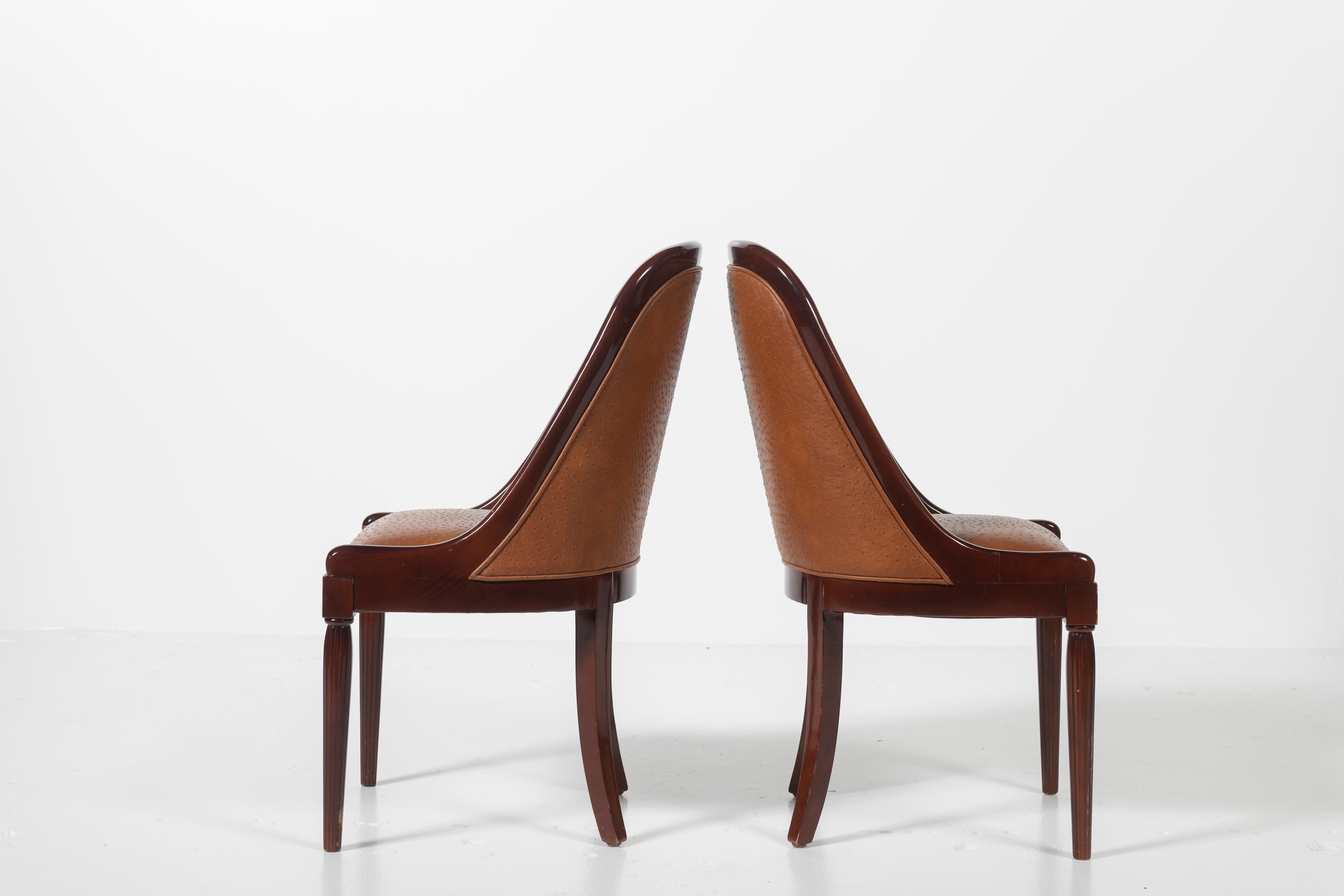 Set of Four French Deco Dining Chairs in Mahogany Upholstered in Ostrich Leather 3