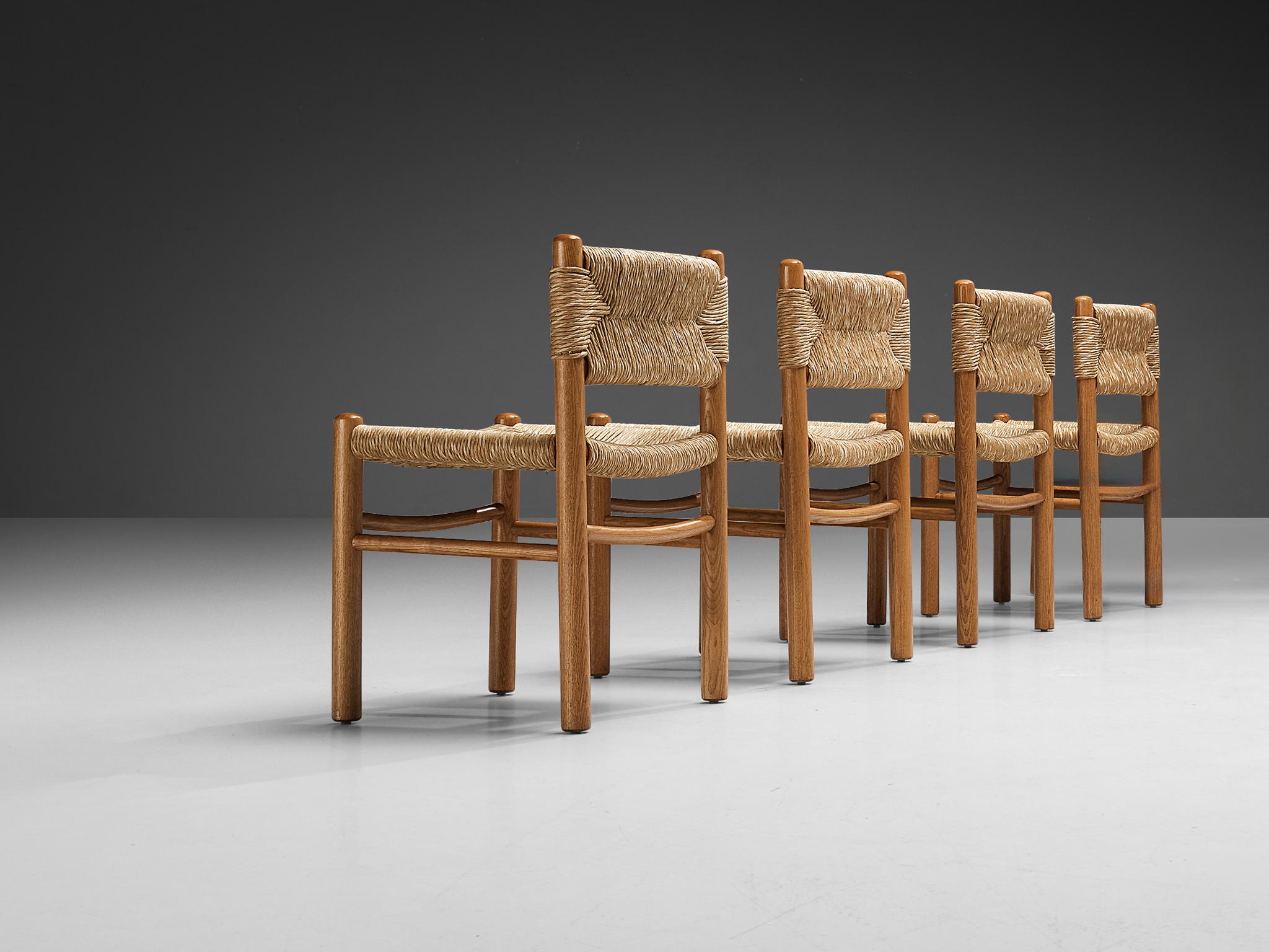 Mid-20th Century Set of Four French Dining Chairs in Oak and Straw  For Sale