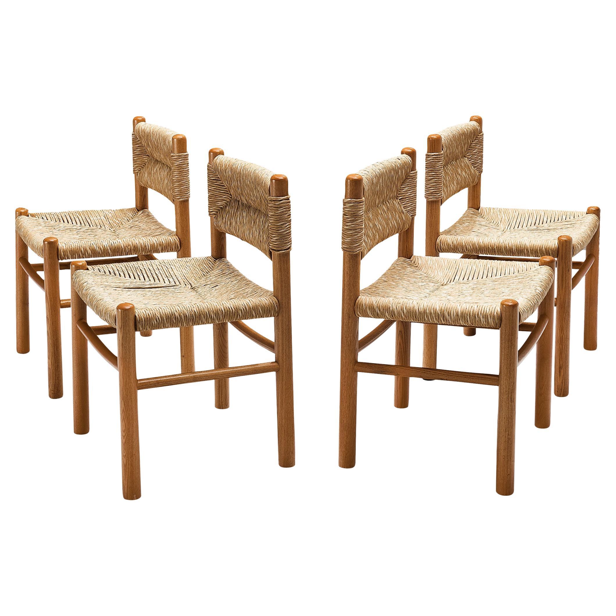 Set of Four French Dining Chairs in Oak and Straw  For Sale