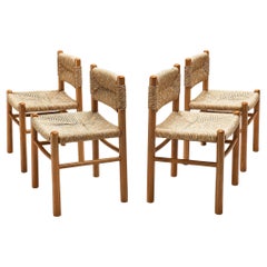 Retro Set of Four French Dining Chairs in Oak and Straw 