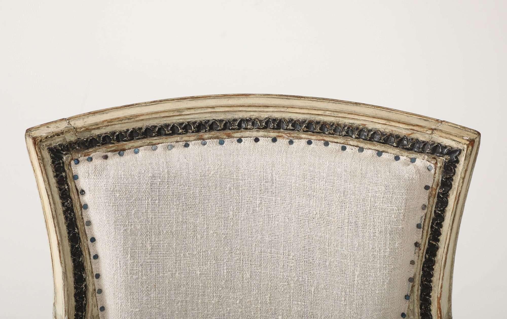 Linen Set of Four French Directoire Painted Fauteuils For Sale