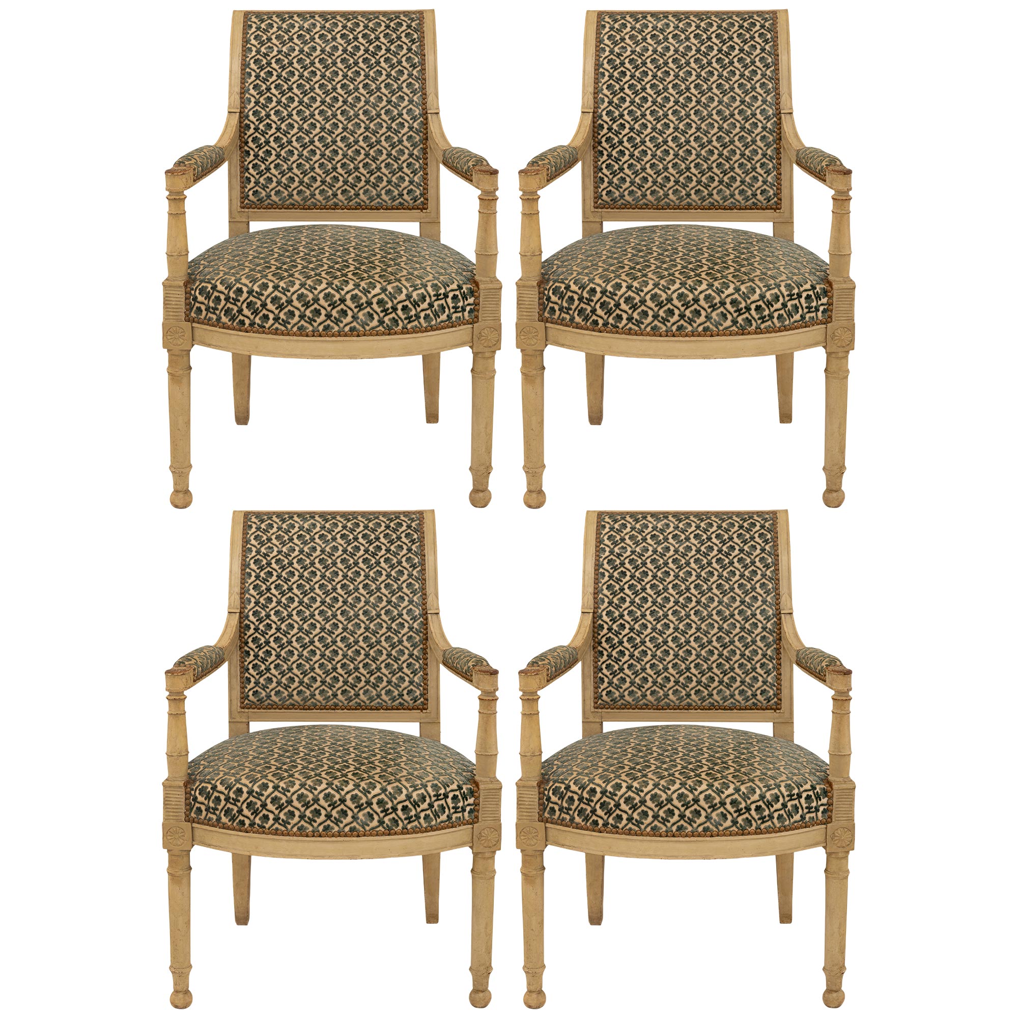 Set Of Four French Early 19th Century Directoire St. Patinated Wood Armchairs For Sale