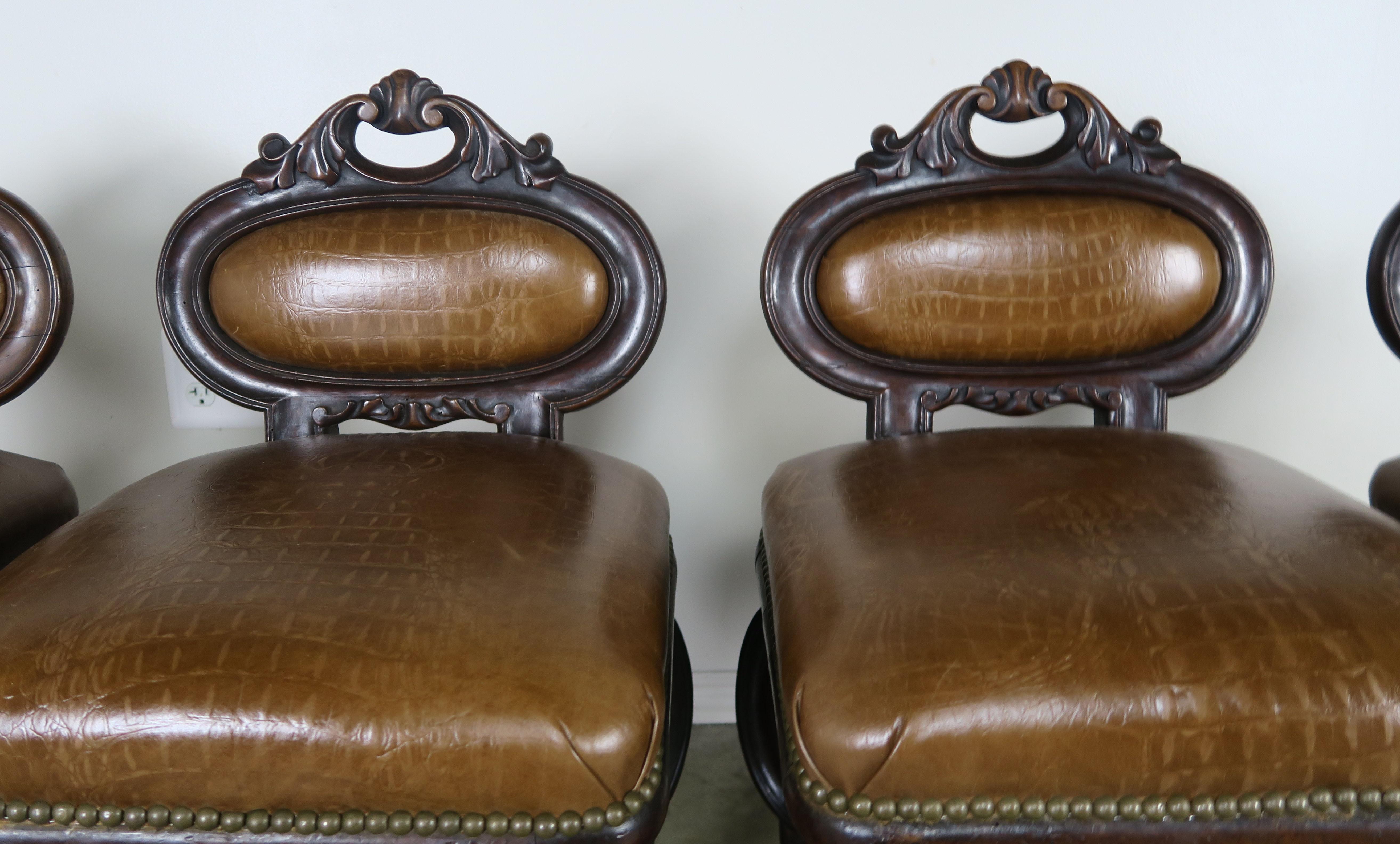 Set of Four French Embossed Leather Stools, circa 1900 In Distressed Condition For Sale In Los Angeles, CA