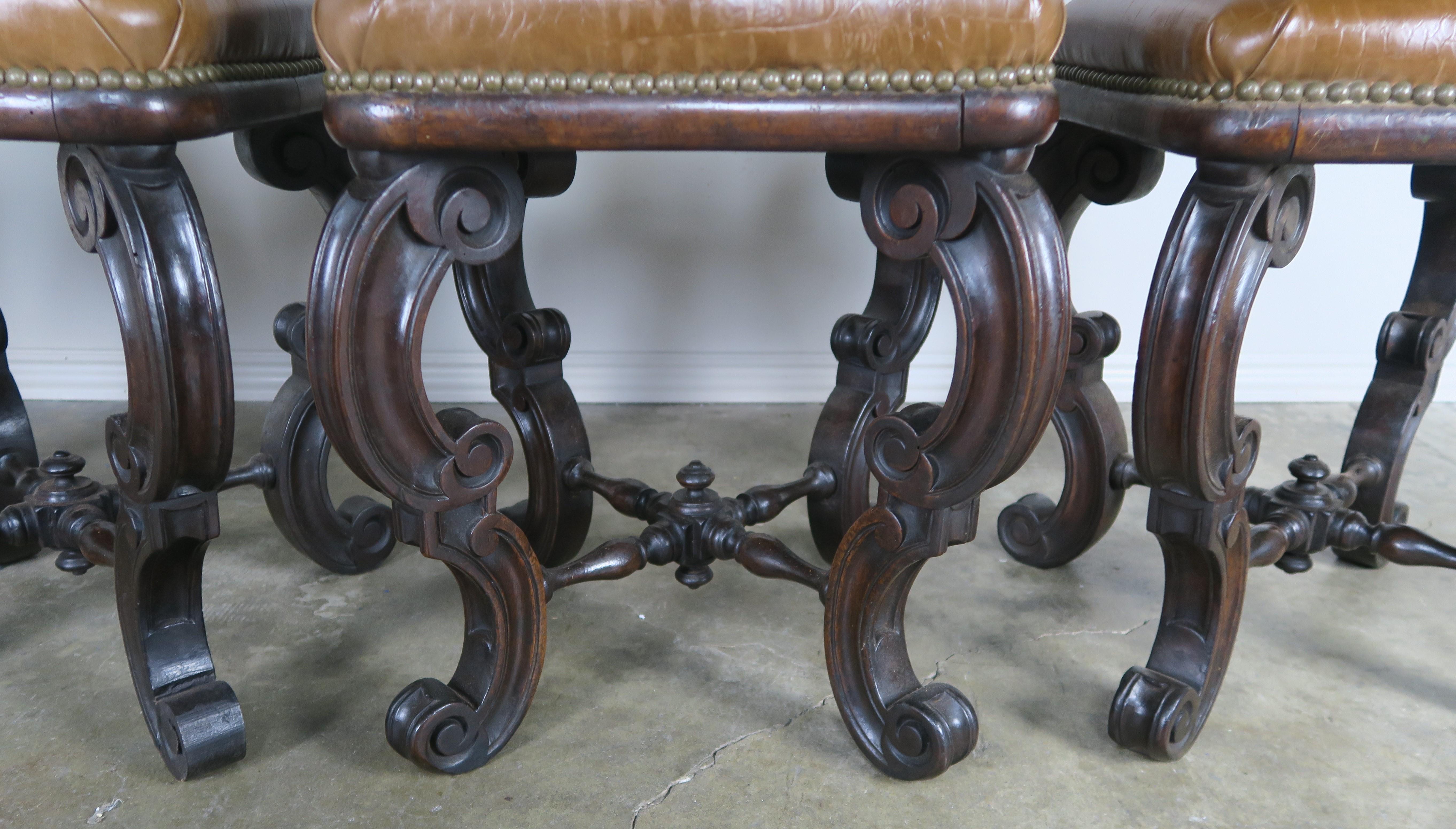 Early 20th Century Set of Four French Embossed Leather Stools, circa 1900 For Sale
