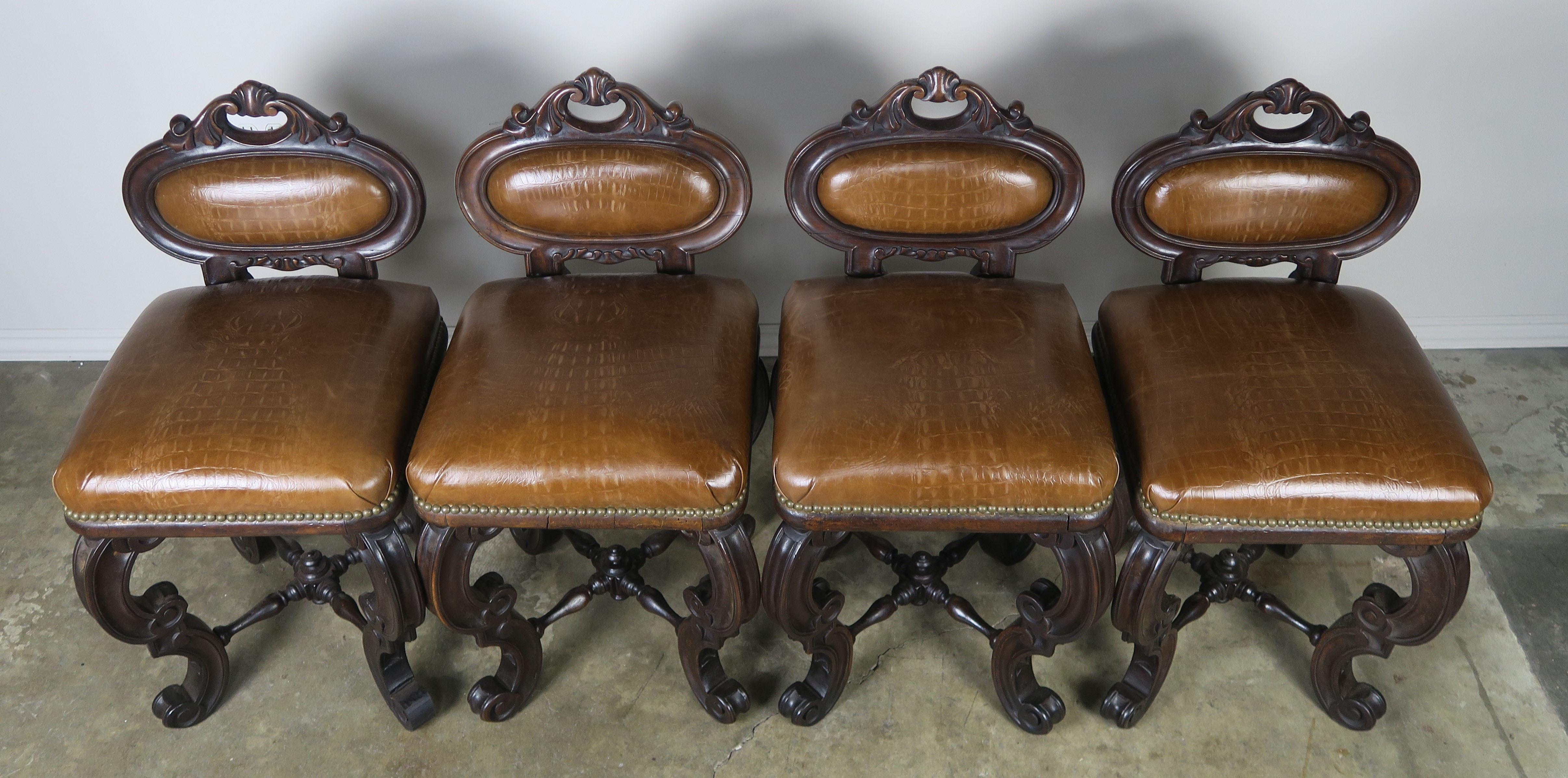 Walnut Set of Four French Embossed Leather Stools, circa 1900 For Sale