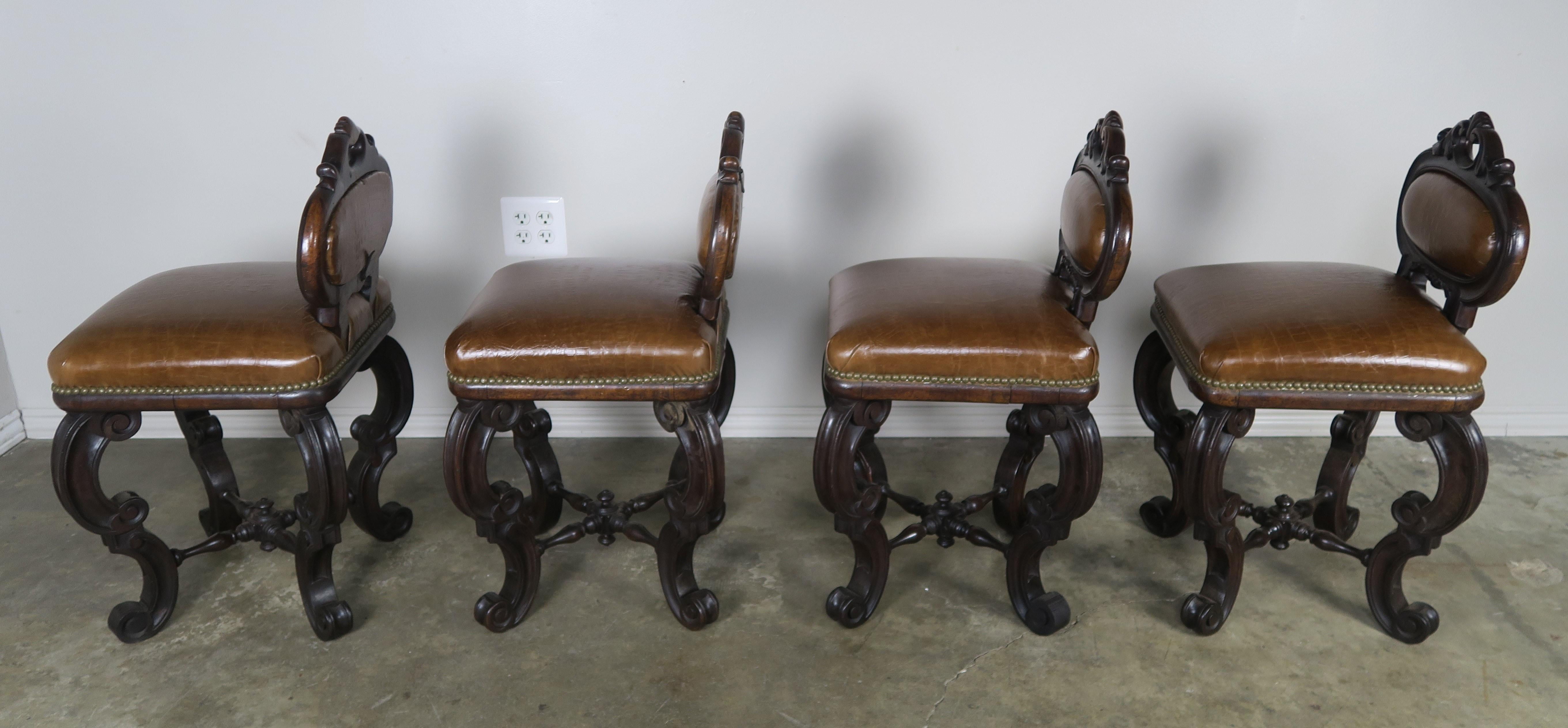 Set of Four French Embossed Leather Stools, circa 1900 For Sale 1