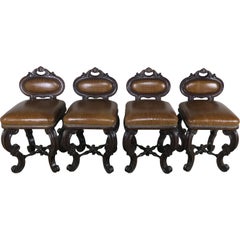 Antique Set of Four French Embossed Leather Armchairs, circa 1900