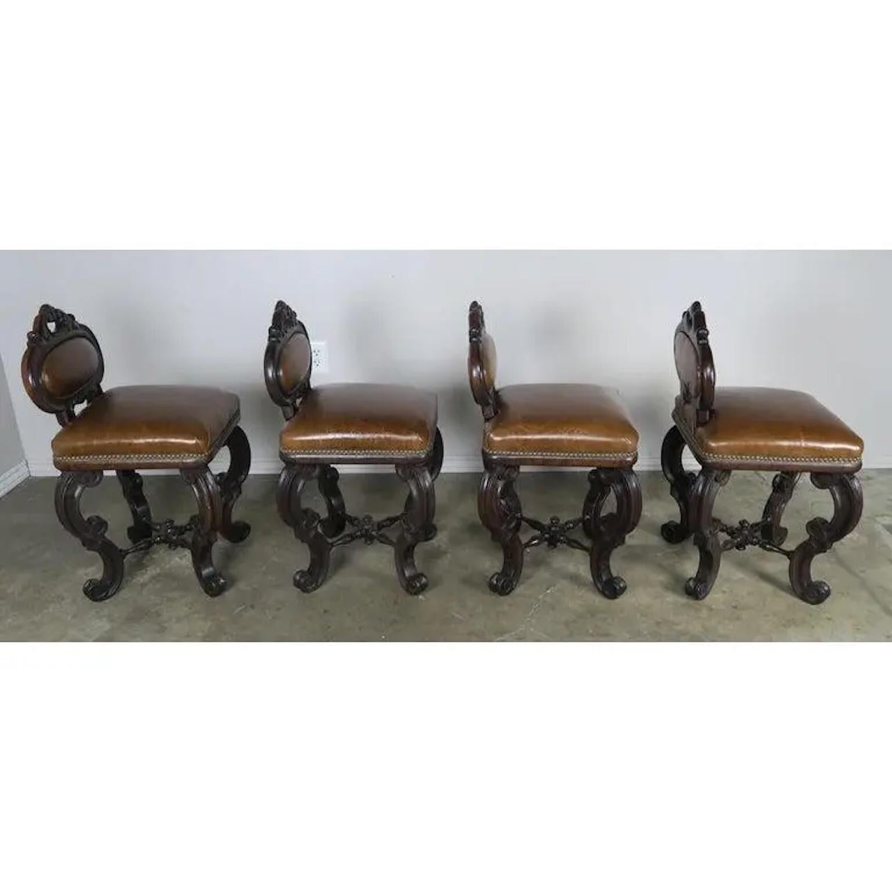 Early 20th Century Set of Four French Embossed Leather Stools, circa 1900 For Sale