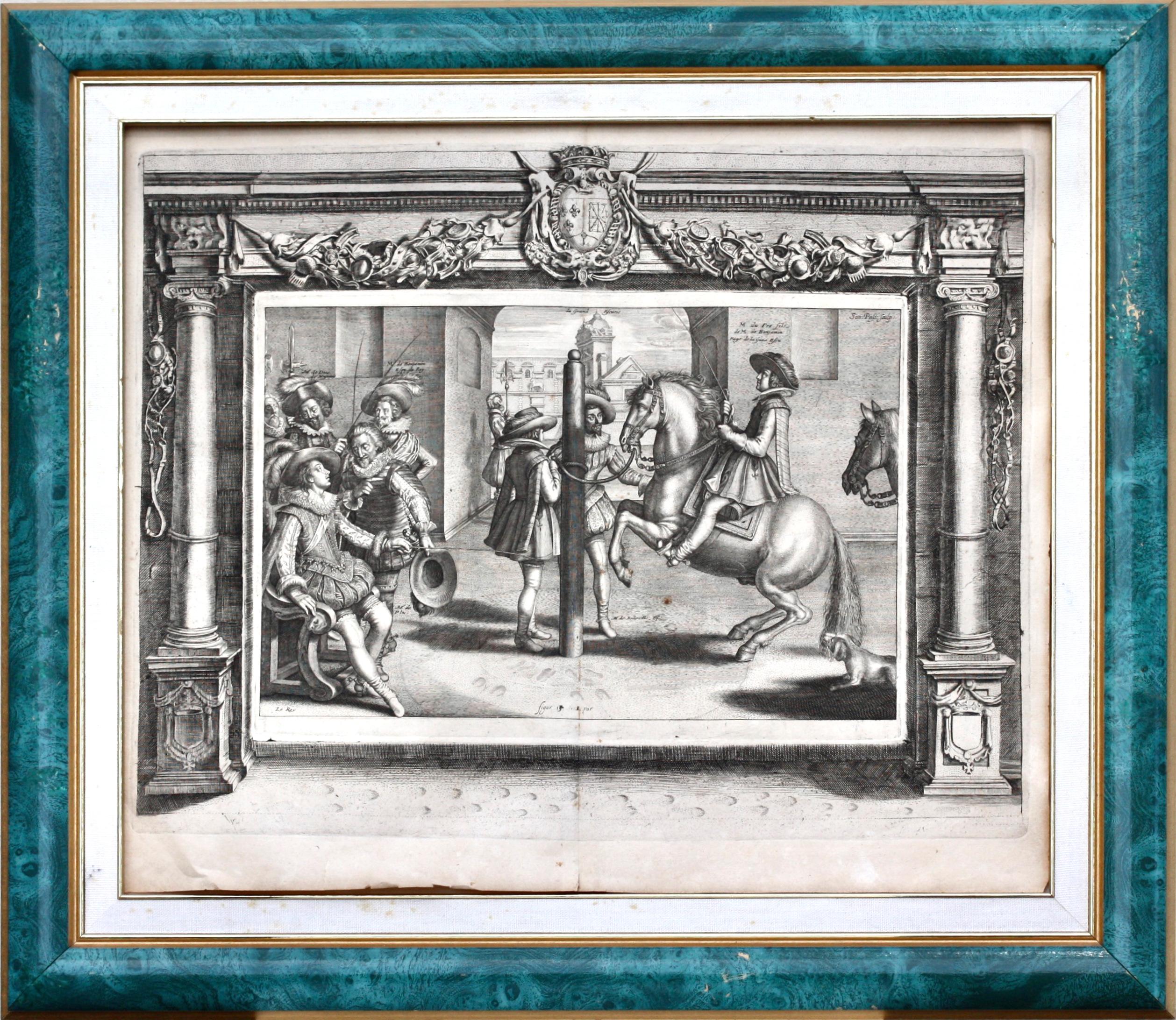 Set of four French equestrian engravings
18th-19th century
depicting aristocrats and prize stallions in a procession or being shown at a festival, 
the upper borders with a different Royal Family Coat of Arms, 
each figure identified in the