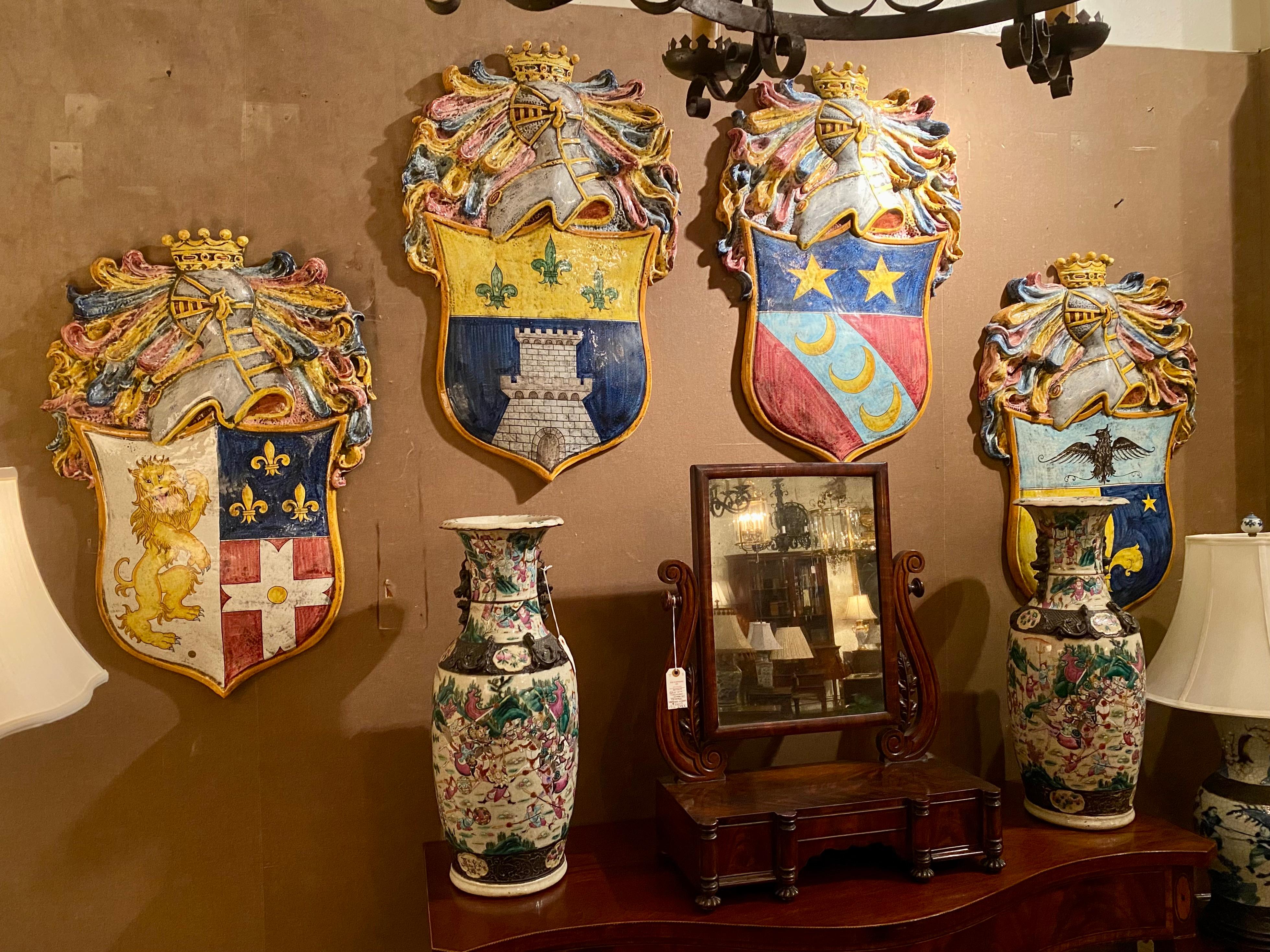 Set of Four French Faience Porcelain Colorful Coats of Arms Wall Panels For Sale 11