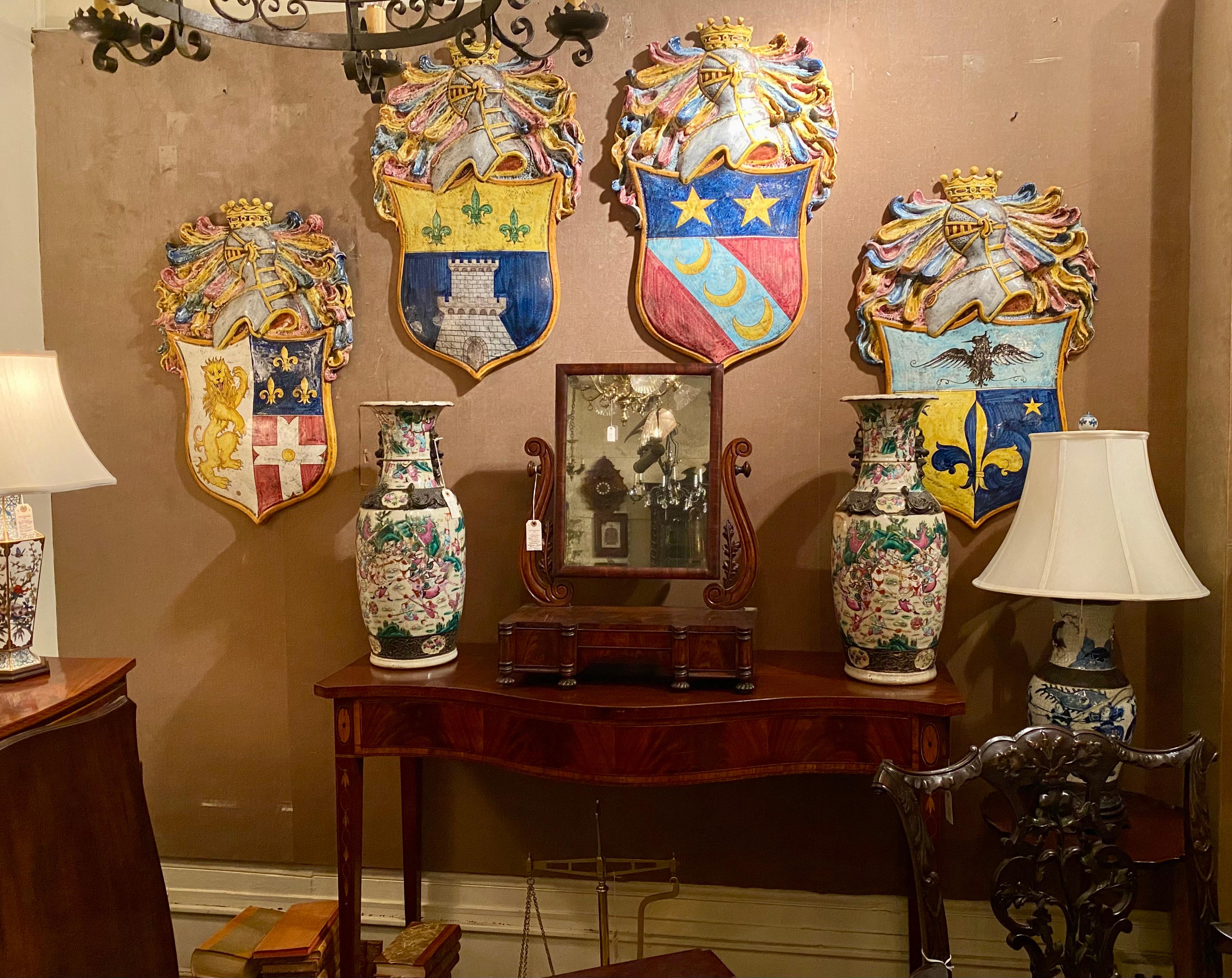 Set of Four French Faience Porcelain Colorful Coats of Arms Wall Panels For Sale 12