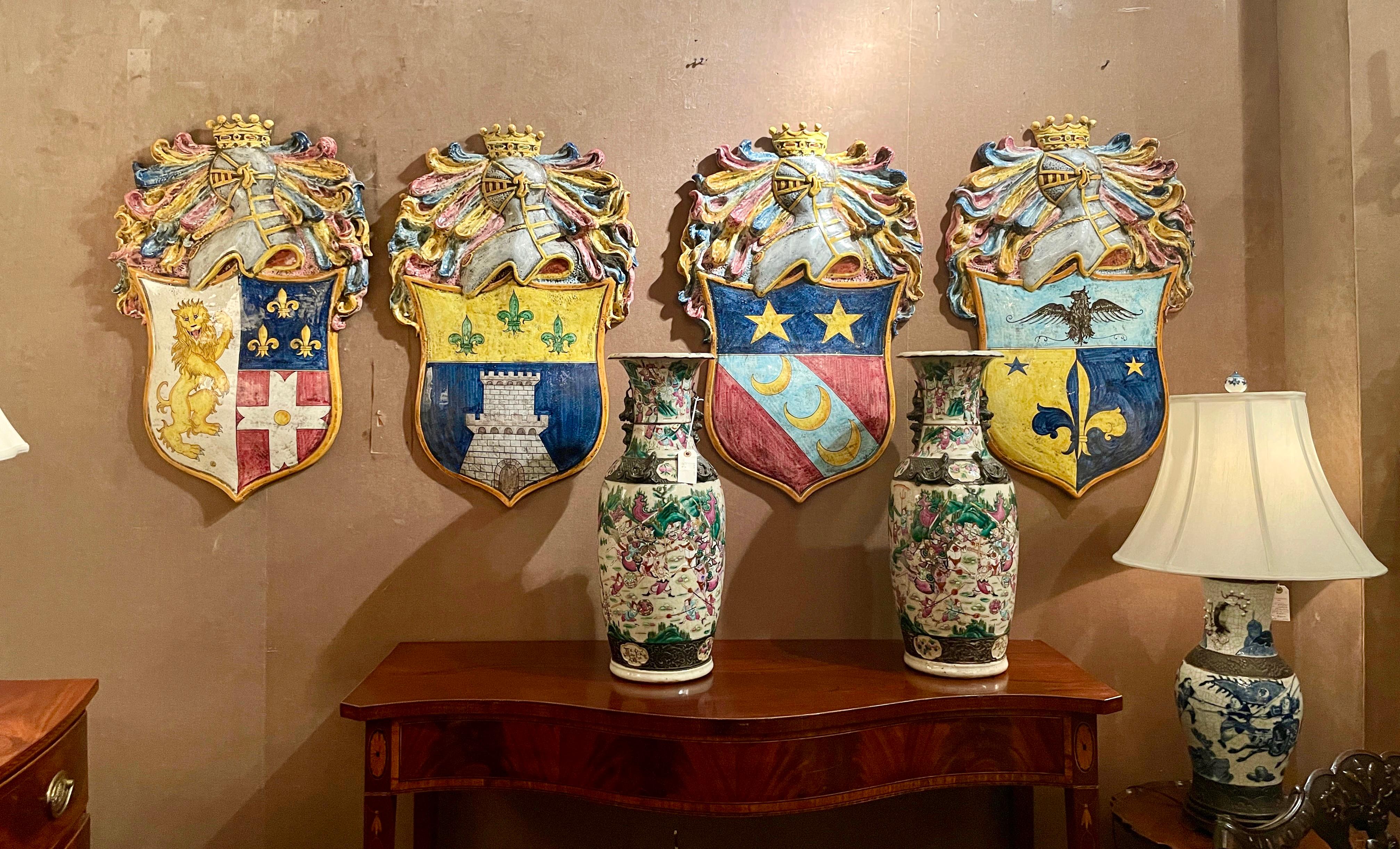 Set of Four French Faience Porcelain Colorful Coats of Arms Wall Panels For Sale 13