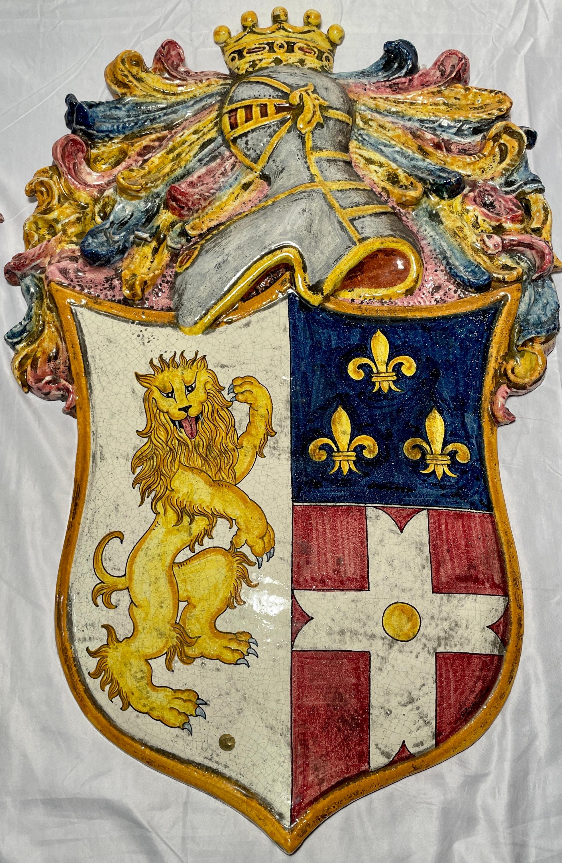 Set of Four French Faience Porcelain Colorful Coats of Arms Wall Panels In Good Condition For Sale In New Orleans, LA