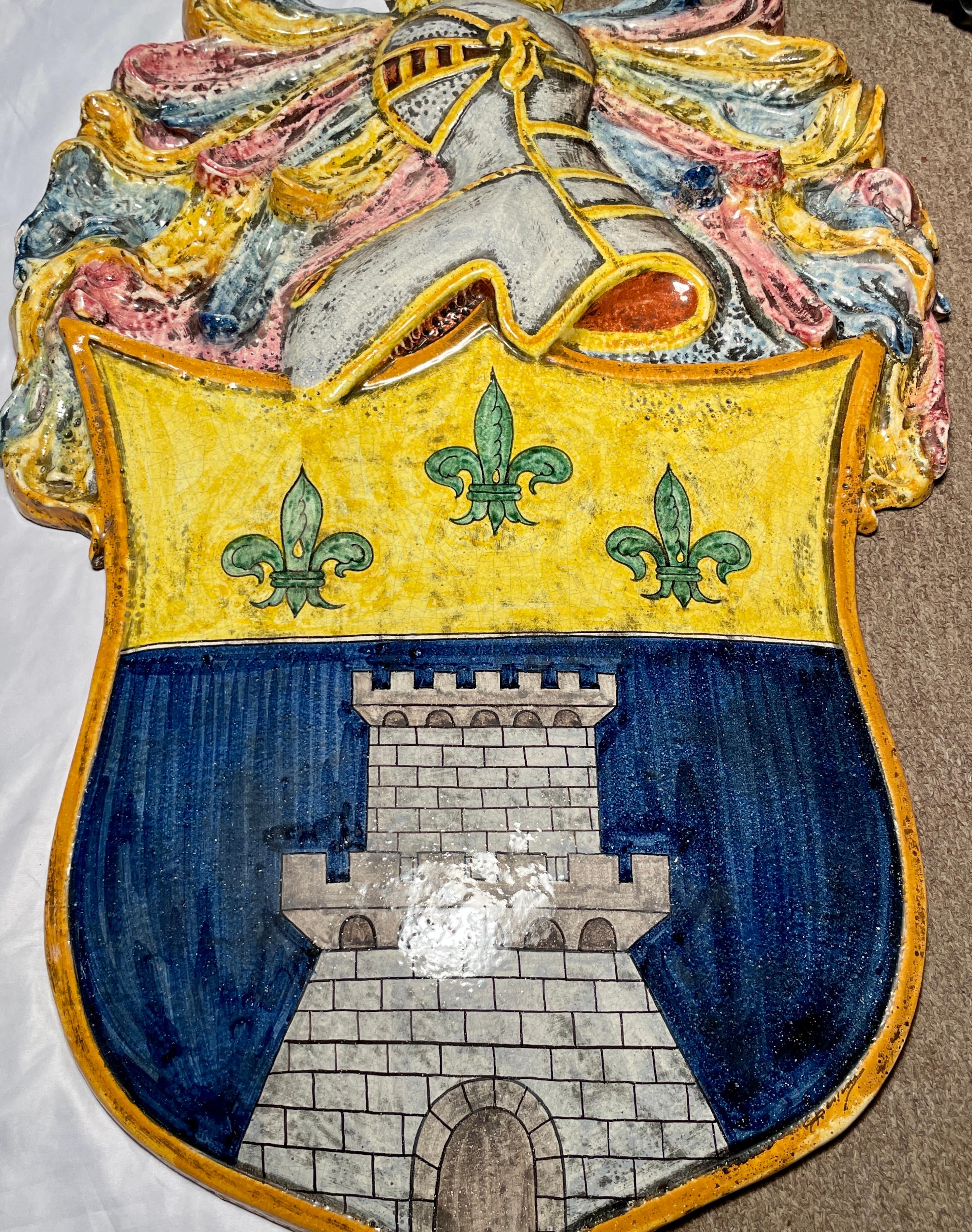 Set of Four French Faience Porcelain Colorful Coats of Arms Wall Panels For Sale 1