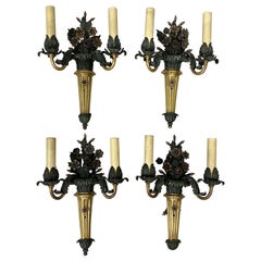 Set of Four French Floral Tole Wall Sconces, circa 1920