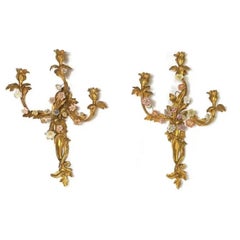 Set of Four French Gilt Bronze and Porcelain Sconces in Louis XV Style