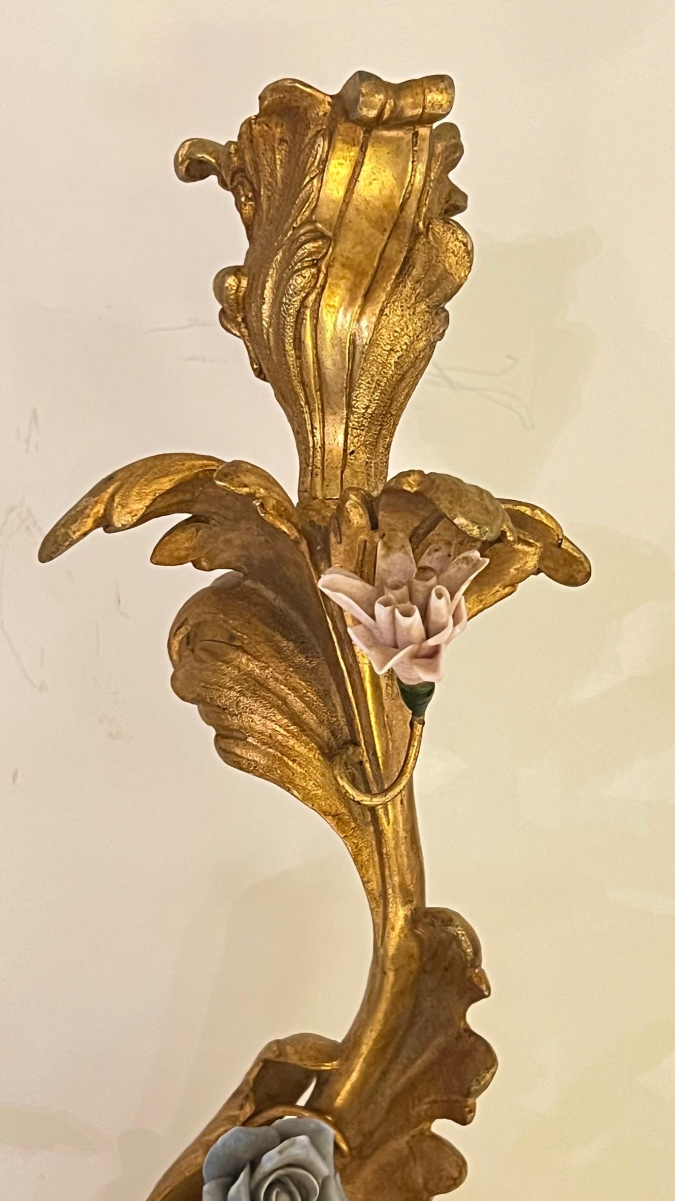 Set of Four French Gilt Bronze and Porcelain Sconces in Louis XV Style For Sale 3